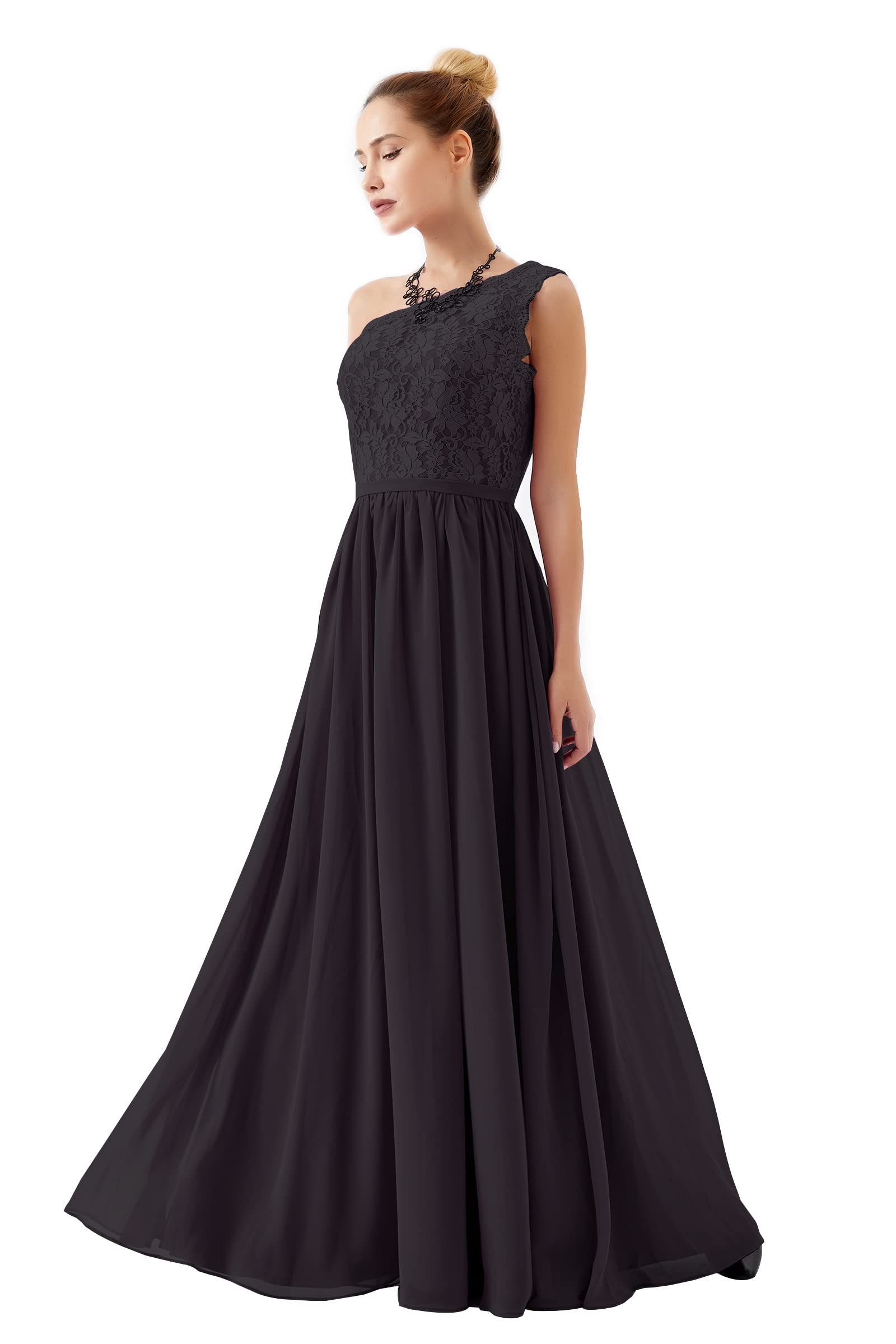 Elegant One Shoulder Lace Flower A-Line Chiffon Formal Dress for Women - Customizable Wedding Guest Gown for Evening Parties, Prom & Special Occasions