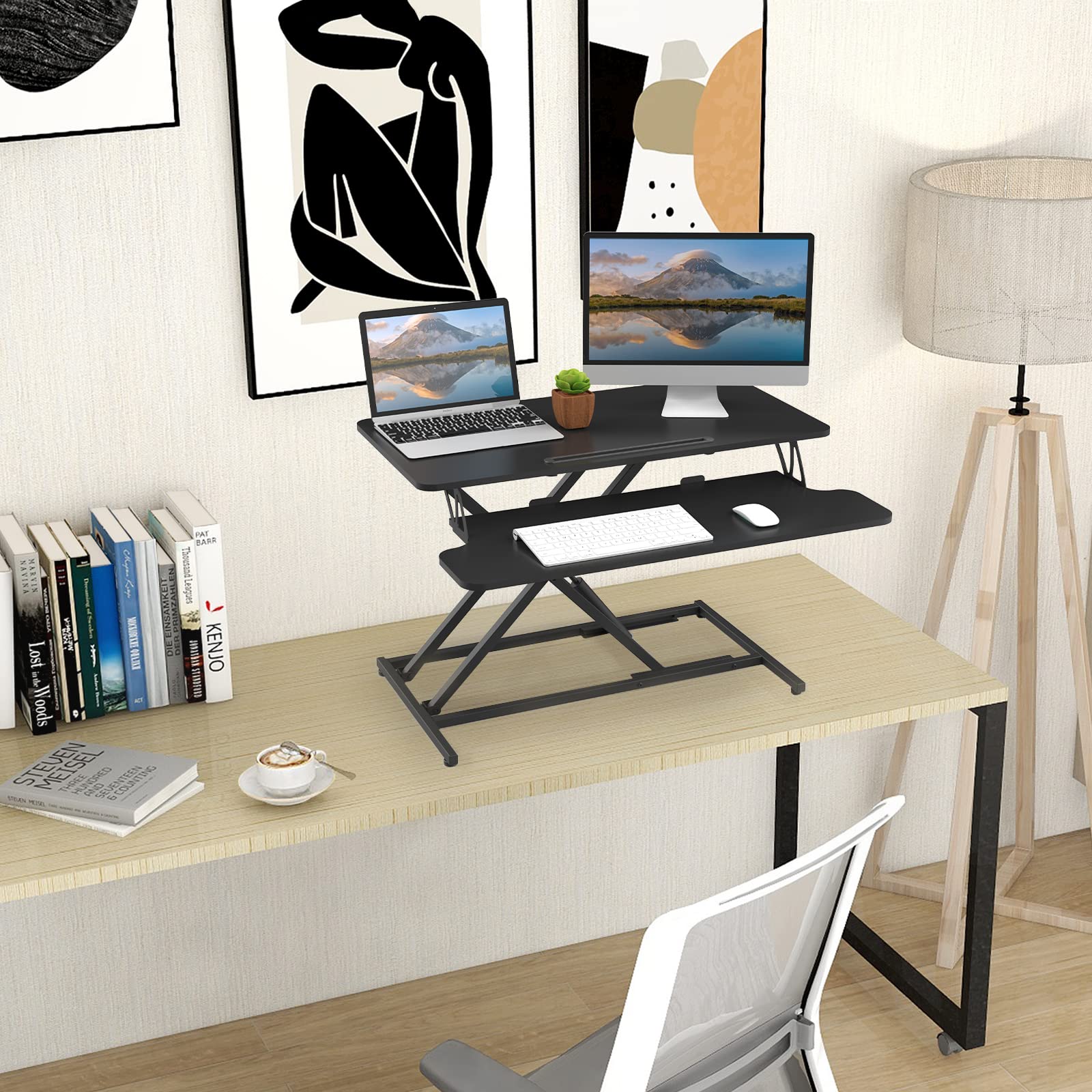 Ergomatic Height Adjustable Standing Desk Converter - 32 x 16 Inches Quick Sit to Stand Riser for Dual Monitors (Black Frame & Desktop) | Perfect for Home Office, Gaming Setup & Workspace Ergonomics