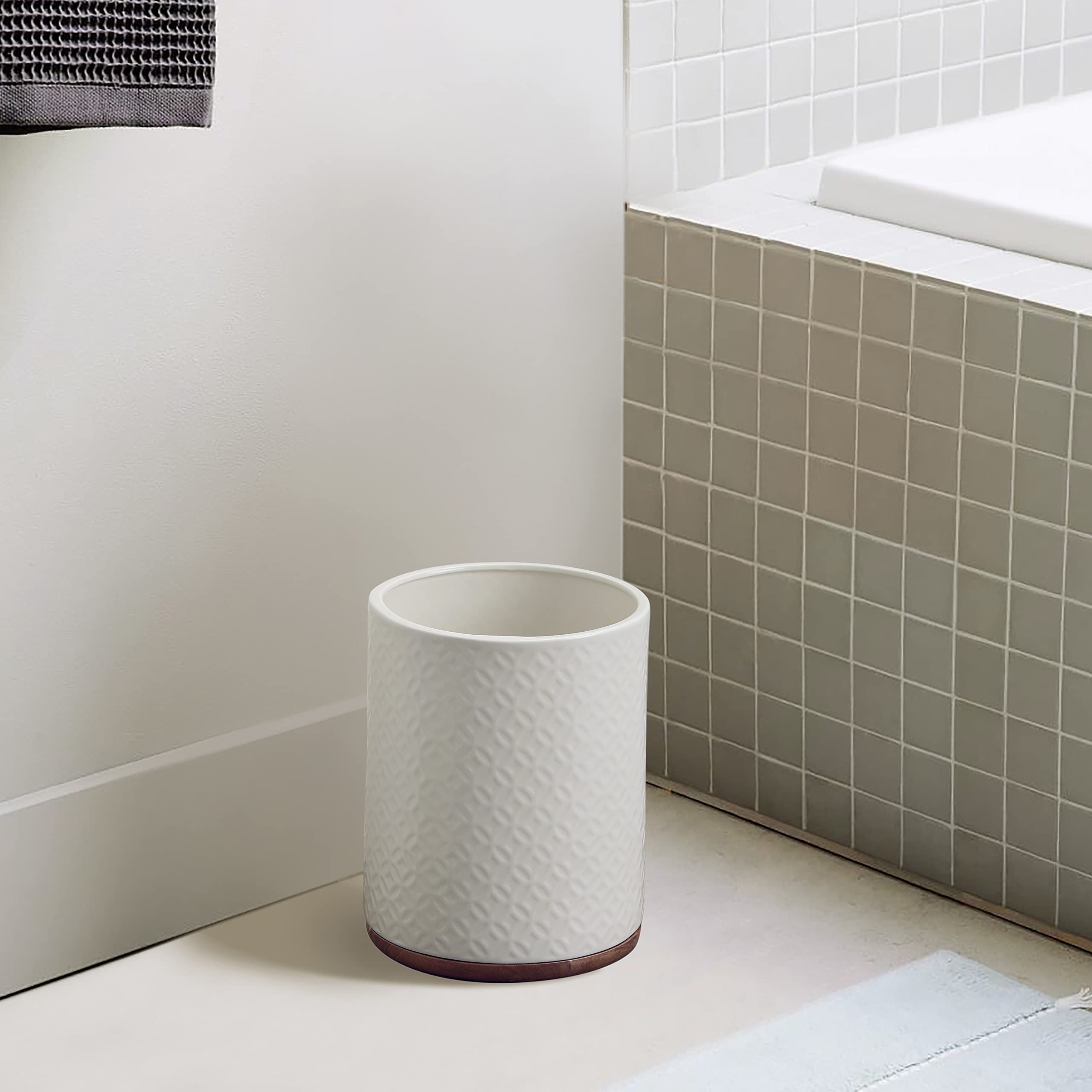Elegant Ceramic Bathroom Trash Can with Wooden Base - White & Beige Decorative Waste Bin for Bathroom, Bedroom, or Office - Perfect for Home Décor and Organization
