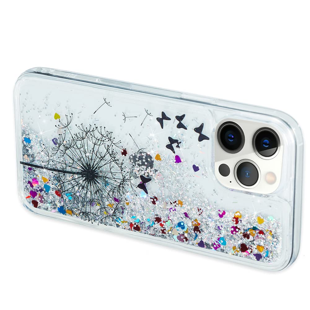 Glitter Liquid Case for iPhone 13 Pro Max - Sparkle Sequin Floating Quicksand Transparent TPU Shockproof Protective Cover - Dandelion Design - Perfect for Parties, Nightlife & Everyday Protection