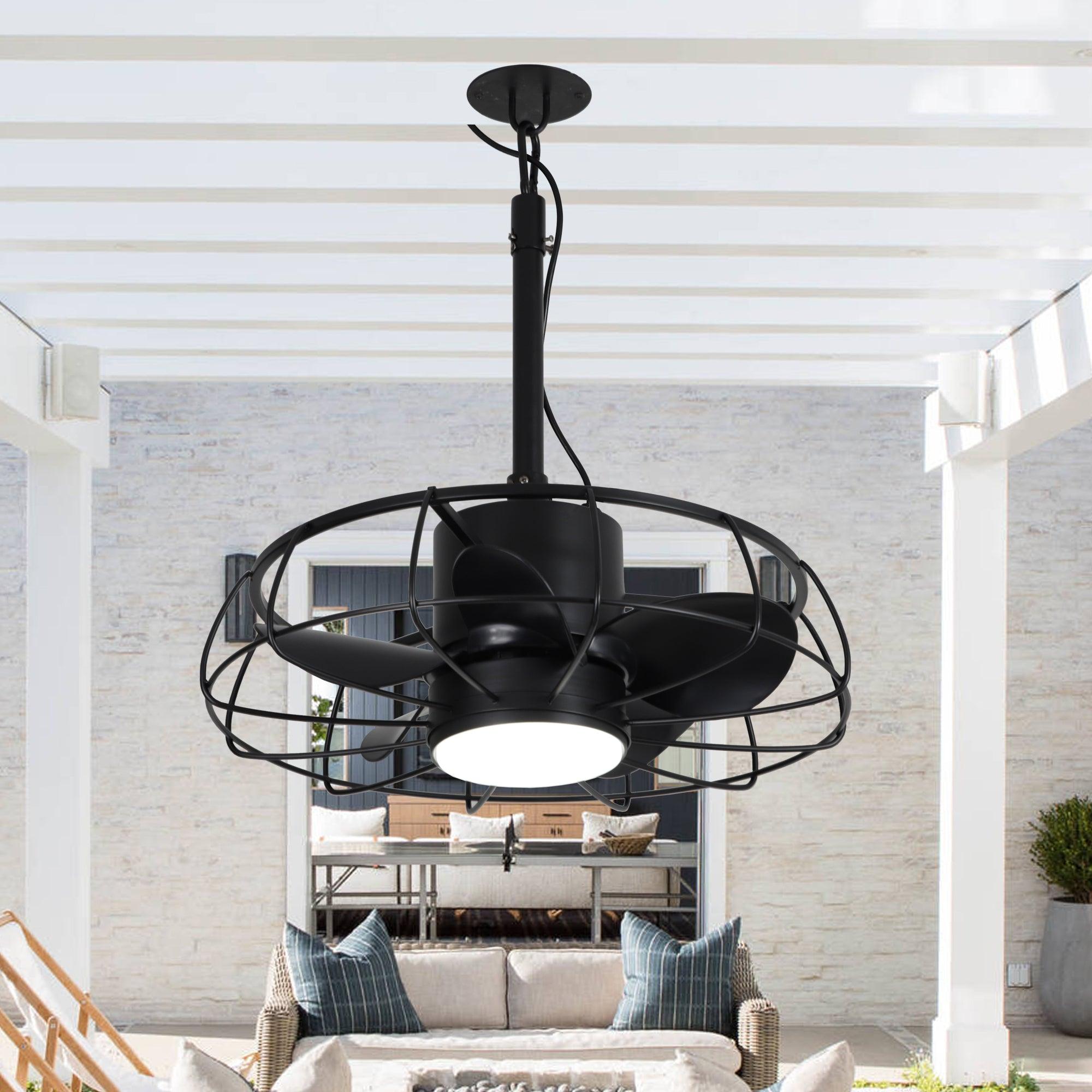 20 Inch Vistula Outdoor Ceiling Fan with Light - Black Industrial Style, DC Motor, Hanging Buckle Downrod - Perfect for Patio, Deck, and Covered Porch Cooling