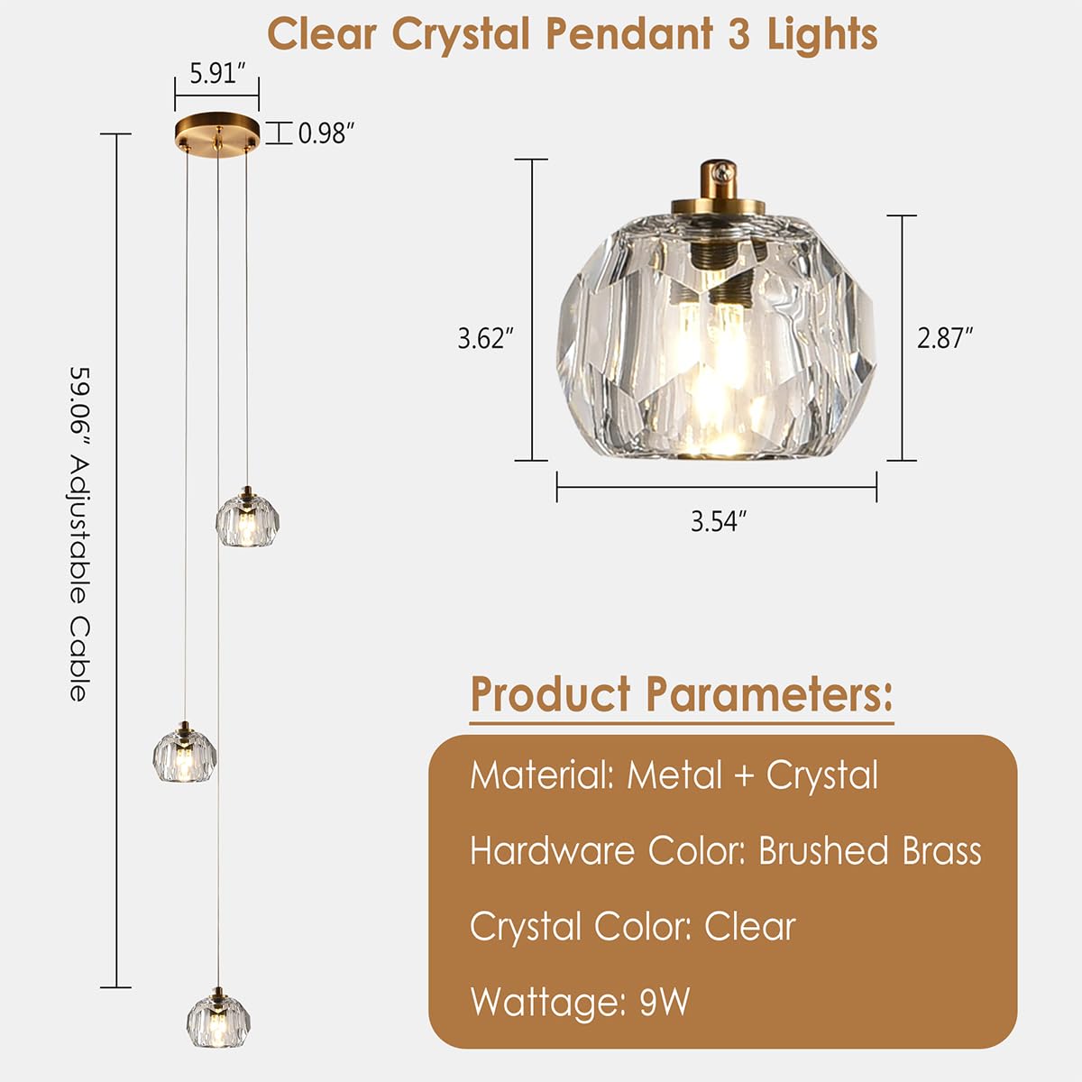 3-Light Cut Pendant Light Fixtures - 9W Brass LED Ceiling Pendant Lighting with Clear Prism Crystal - Modern Hanging Lamps for Kitchen Island, Dining Room, Bar, Living Room & Bedroom Decor