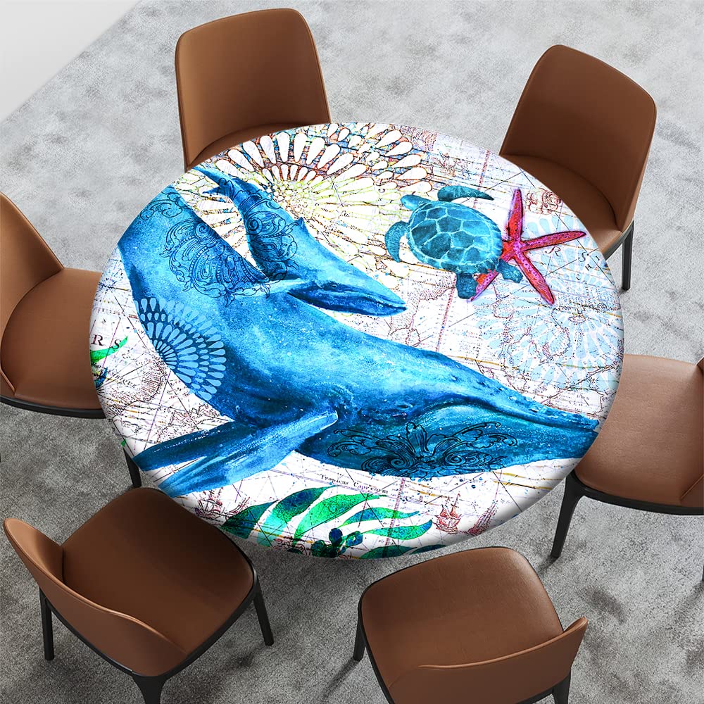 Waterproof Round Tablecloth with Elastic Edge - Nautical Whale & Sea Turtle Design for 69