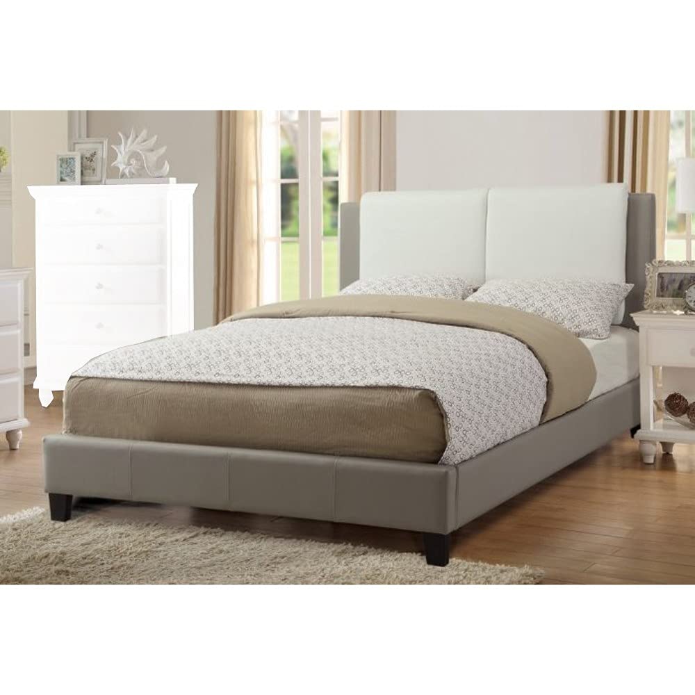 Benzara BM168630 46x62x82 Inch Wooden Queen Size Bed Frame with White PU Upholstered Headboard, White & Gray Finish - Modern Bedroom Furniture for Master Bedroom, Guest Room, Apartment