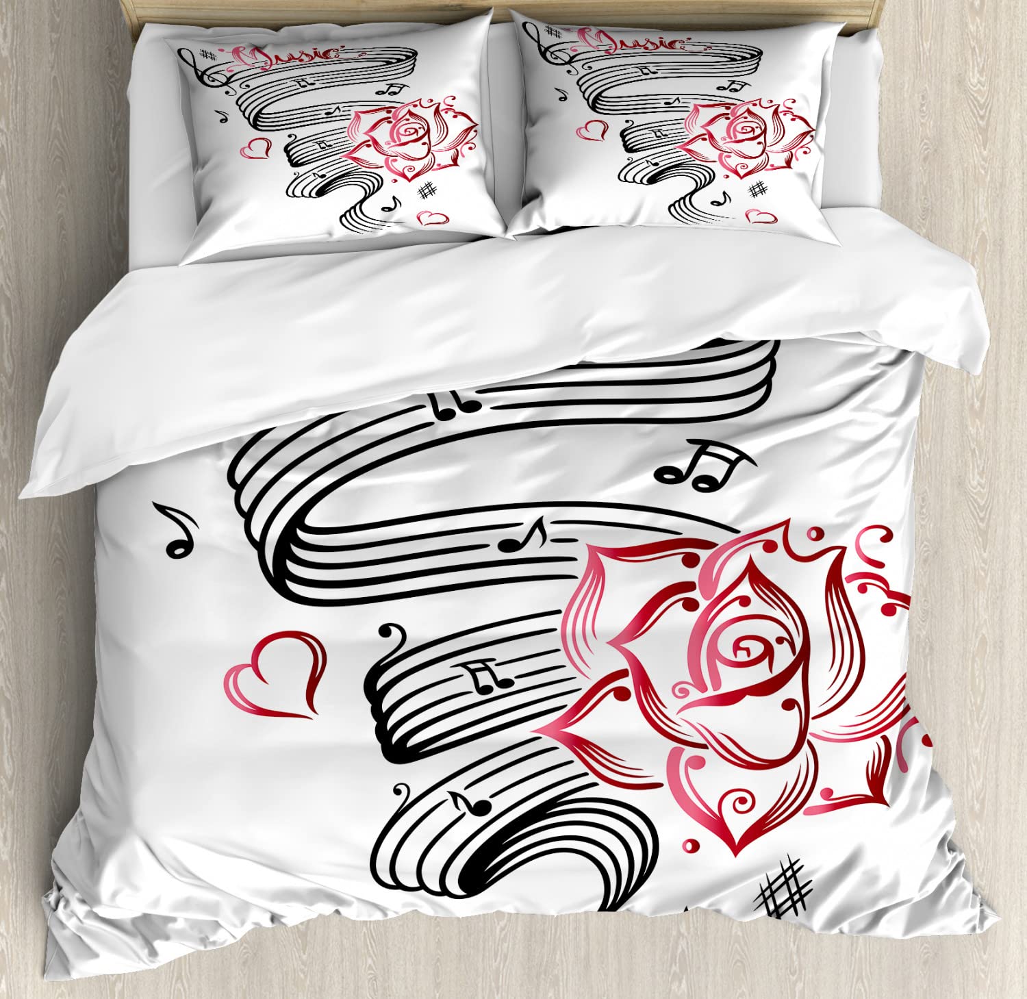 Ambesonne Tattoo Duvet Cover Set - Music Sheet Design with Rose Hearts, 2-Piece Twin Size Bedding Set (White, Black & Pink) for Romantic Bedroom Decor | Perfect for Couples, Music Lovers & Valentine's Day Gifts