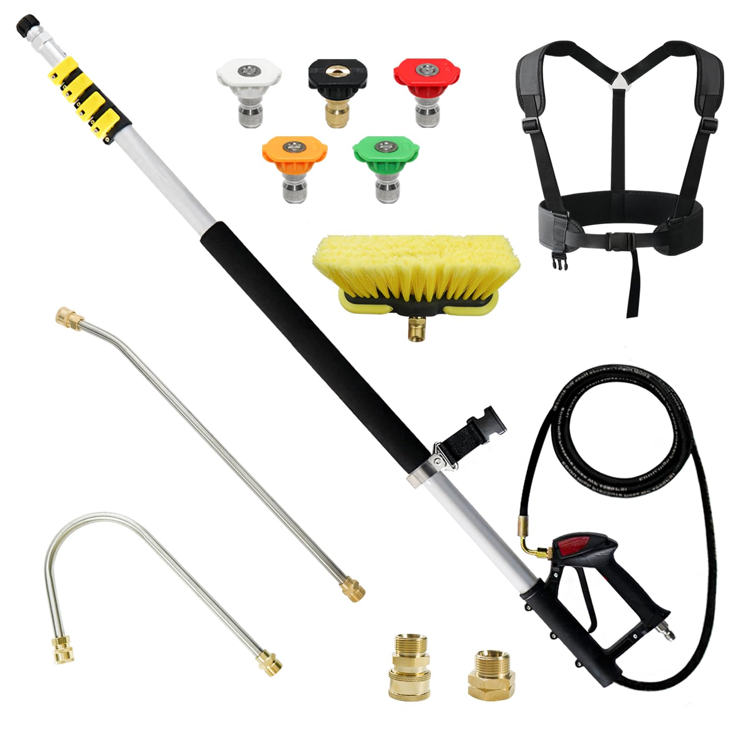 **Janz 24 FT Telescoping Pressure Washer Wand – Aluminum Extension Wand with Gutter Cleaner, 5 Spray Nozzle Tips, 2 Hose Adapters & Support Harness – Perfect for Roof Cleaning, Car Washing & Outdoor Surfaces**