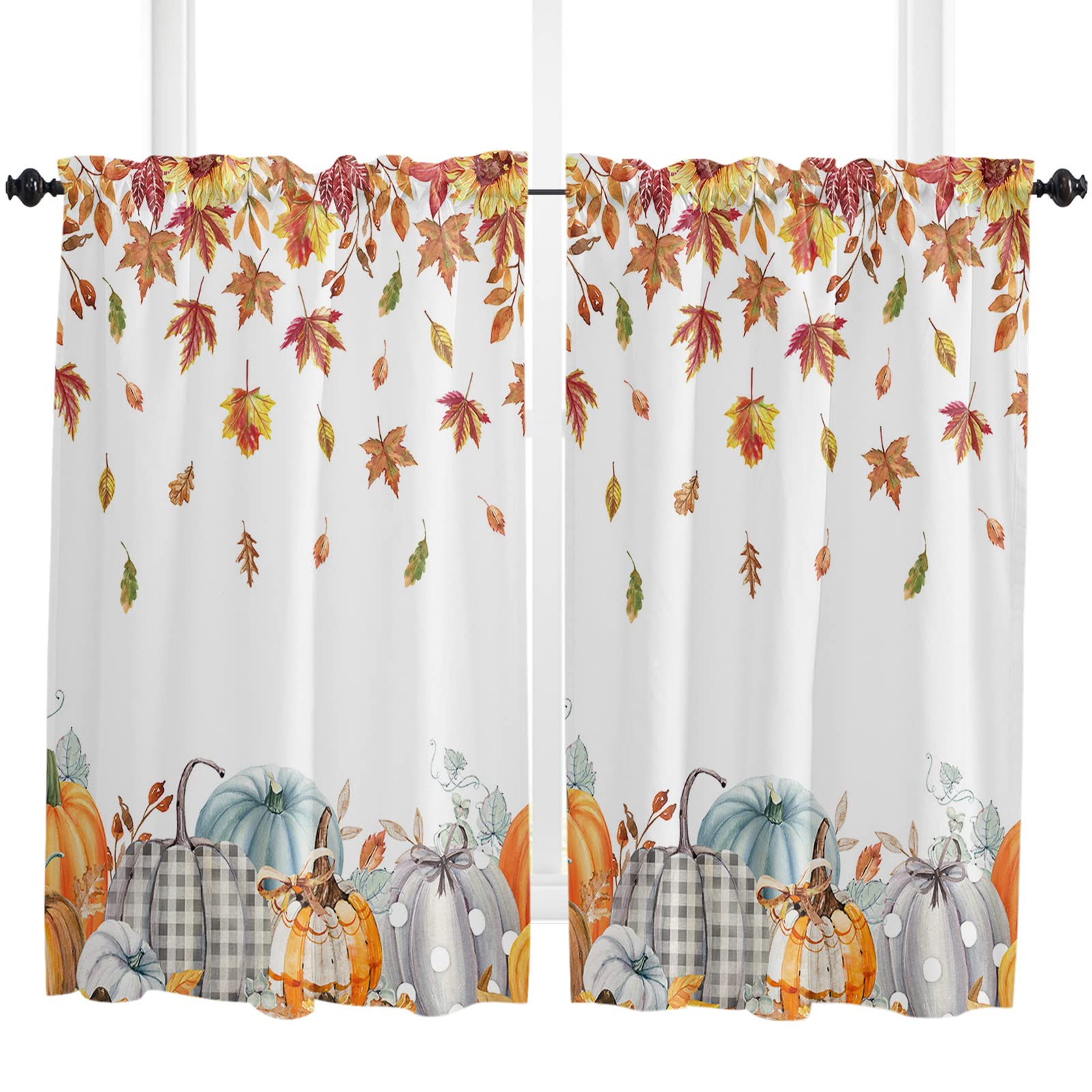 Thanksgiving Fall Kitchen Curtains 45 Inch - Orange Pumpkin Maple Leaf Sunflower Short Cafe Tier Curtain Panels with Rod Pocket, Set of 2 - Perfect for Autumn Window Decor & Seasonal Home Dining Room Decorations