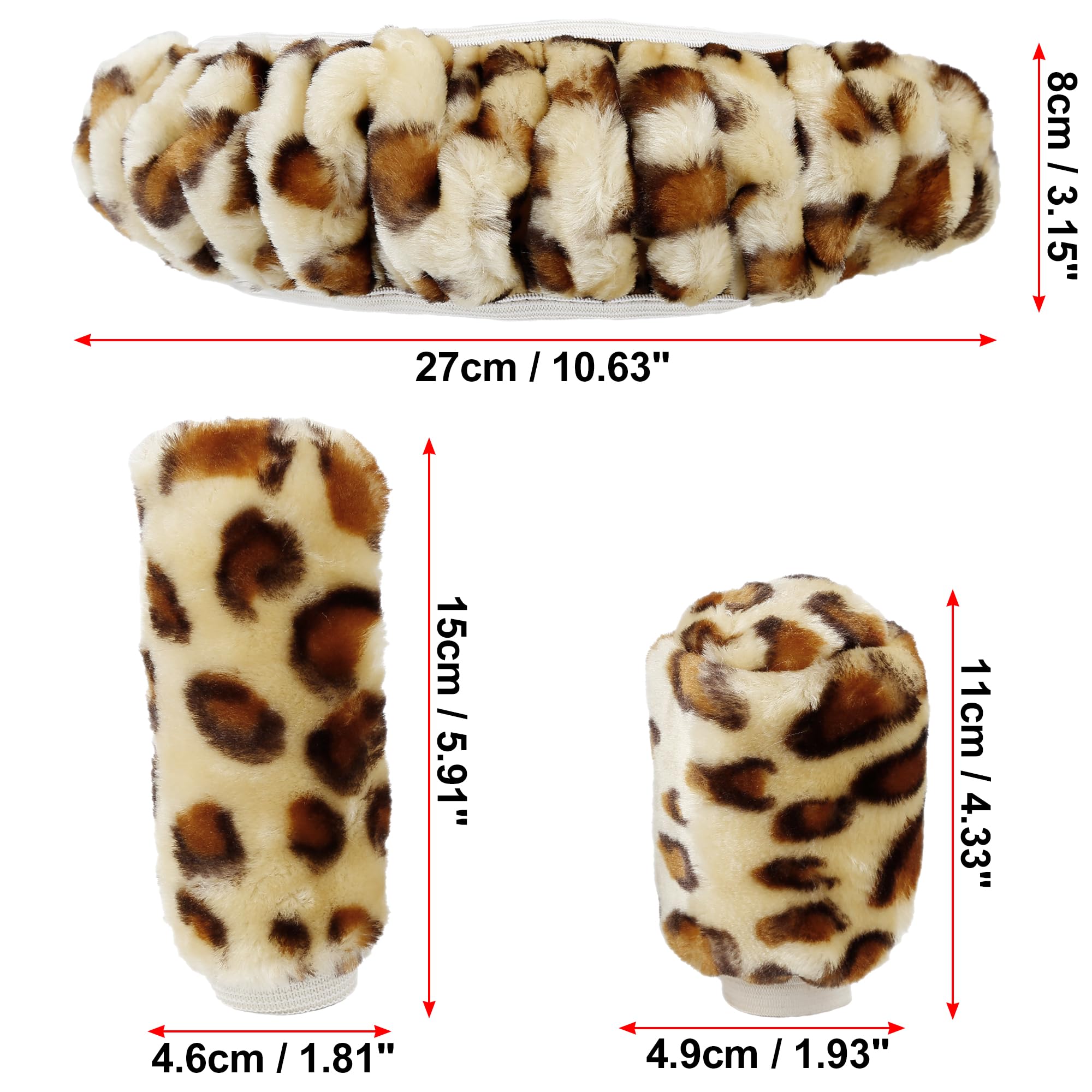 X AUTOHAUX Universal Elastic Leopard Print Fluffy Steering Wheel Cover & Handbrake Gear Shift Cover Set - Beige | Non-Slip Grip, All-Season Comfort for Cars, SUVs & Trucks