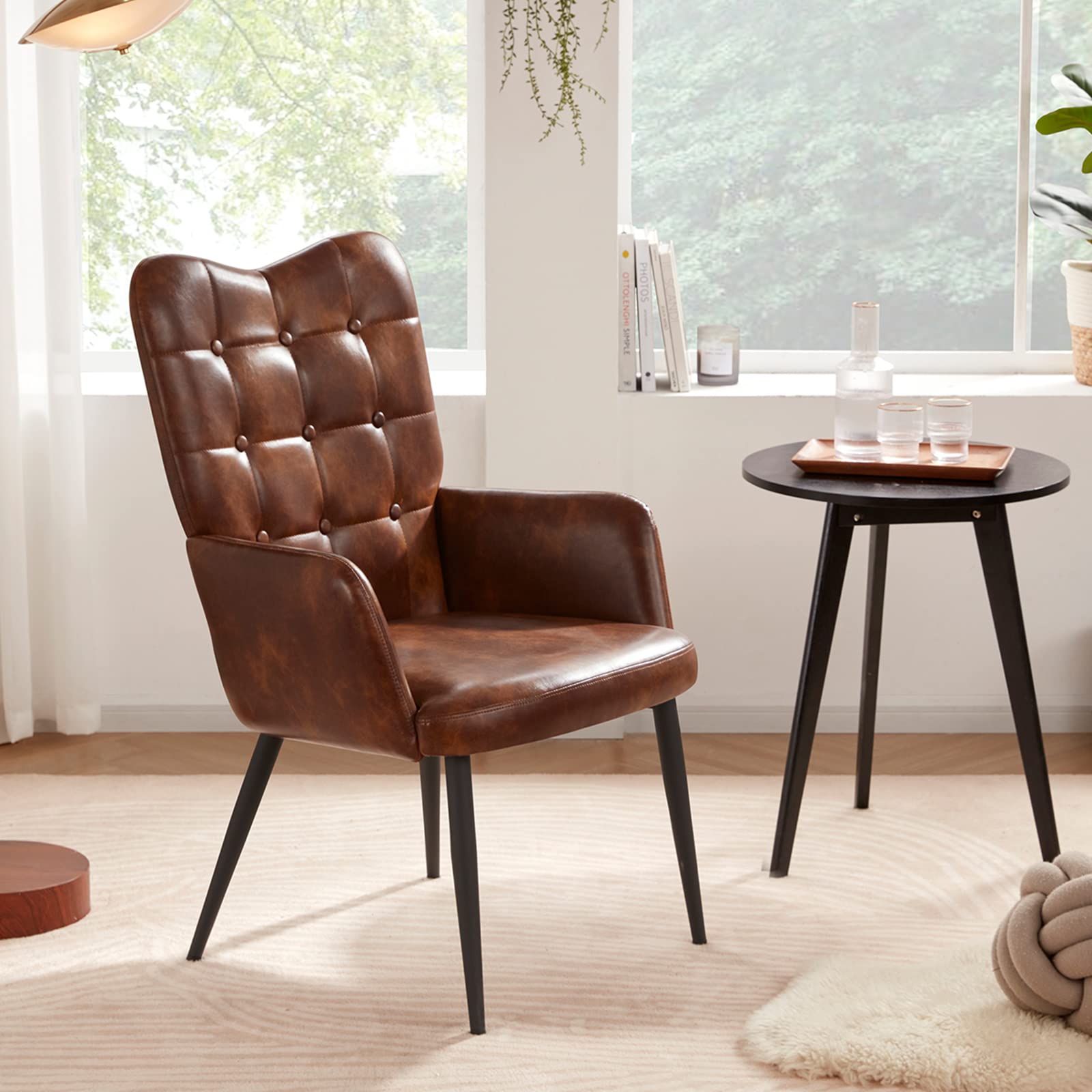 DUHOME Faux Leather Accent Chair - Modern Tufted Button Back Armchair with Upholstered Tall Back | Living Room, Bedroom & Office Reception Chair in Yellowish Brown | Perfect for Lounge, Reading Nook & Guest Seating