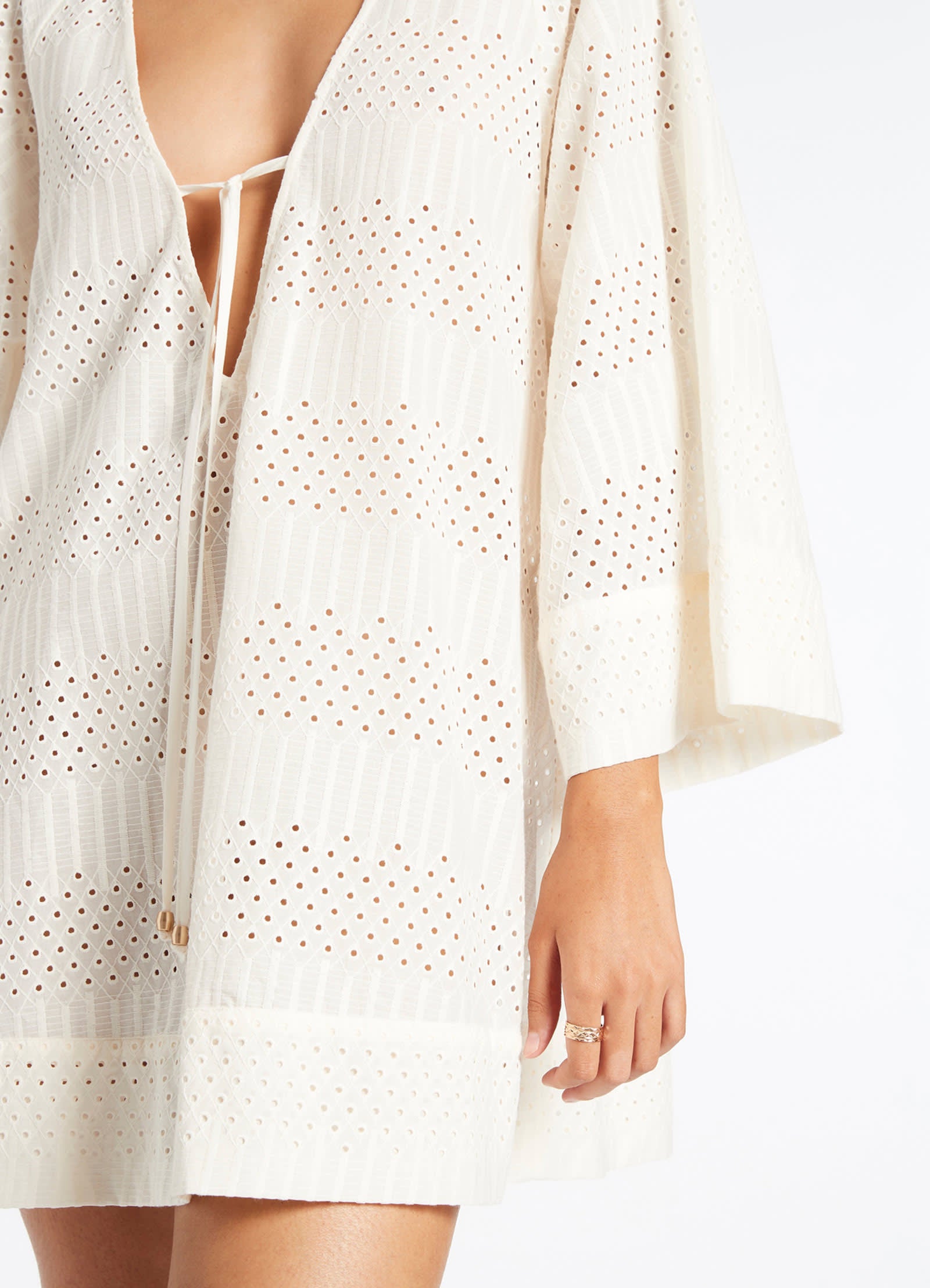 Elegant Cream Broderie Kaftan Dress - Flowy Boho Maxi Dress for Women - Perfect for Beach Vacations, Summer Parties & Resort Wear