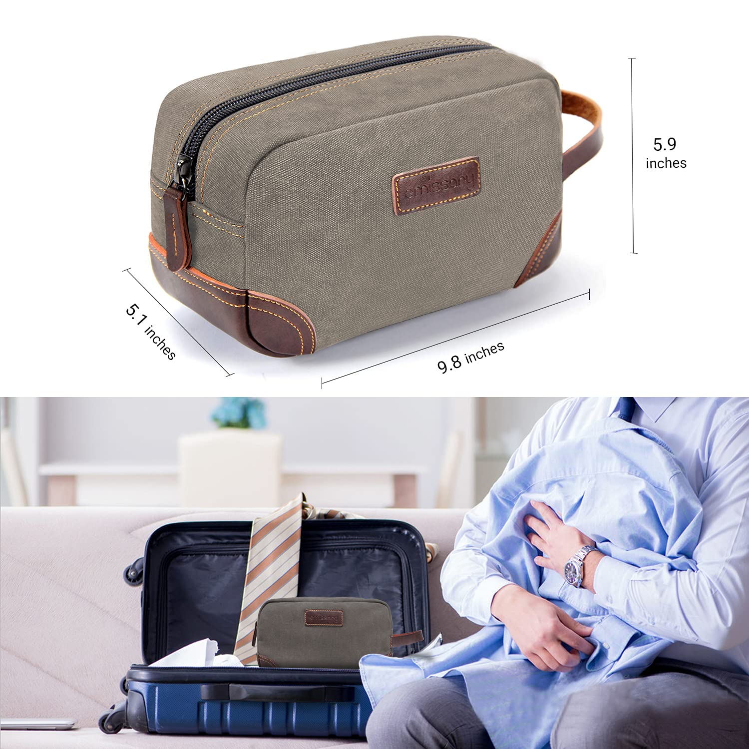 Emissary Men's Travel Toiletry Bag - Waterproof Dopp Kit for Men with Hanging Hook, Compact Shaving & Bathroom Organizer for Business Trips & Vacations (Light Gray) | Perfect for Gym, Camping & Air Travel