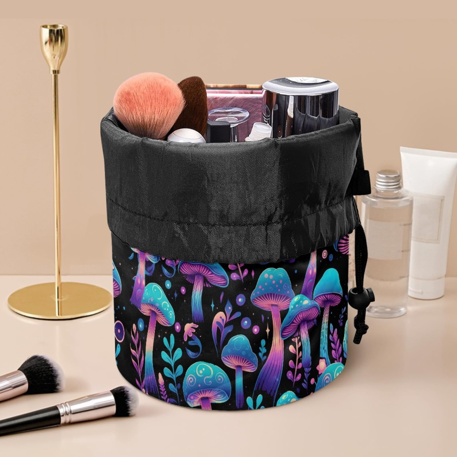 TOADDMOS Blue Purple Mushroom Print Waterproof Cosmetic Bag - Drawstring Makeup Organizer for Women | Travel Toiletry Pouch, Gym Essentials Storage, Gift Idea