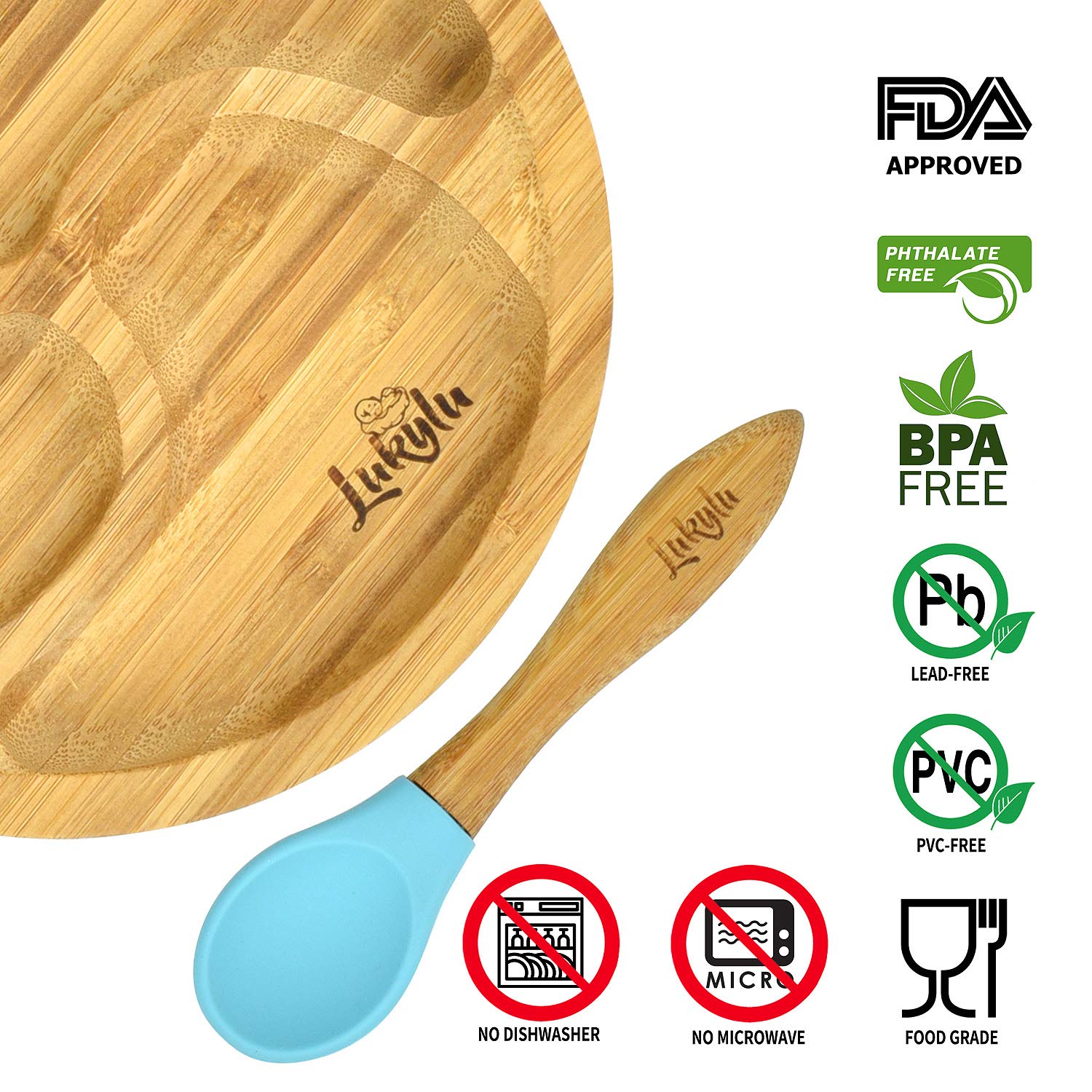 Lukylu 5-Piece Bamboo Baby Suction Plate Set - Non-Slip Toddler Bowls & Dishes for Kids - BPA-Free Training Plates for Babies - Perfect for High Chairs, Travel & Mess-Free Mealtime (Blue)