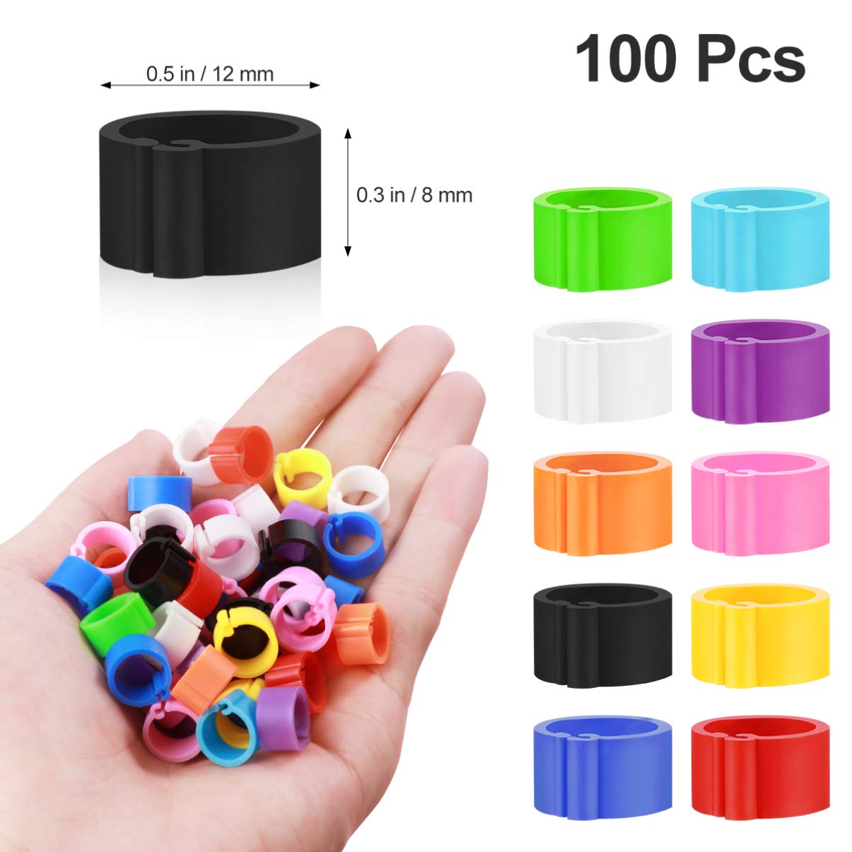 Colorful Plastic Bird Leg Bands - 8mm Pigeon Foot Rings for Identification (100pcs) | Durable Chicken Leg Bands for Poultry, Parrots & Pet Birds | Perfect for Breeding, Racing & Bird Shows