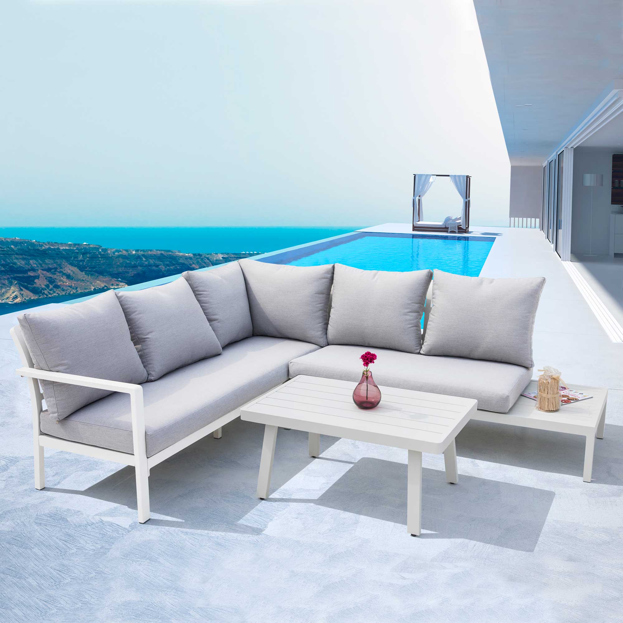 Kyoto 3-Piece Outdoor Corner Sofa Set with Coffee Table - Weather-Resistant White Patio Furniture for Garden, Poolside & Backyard Relaxation