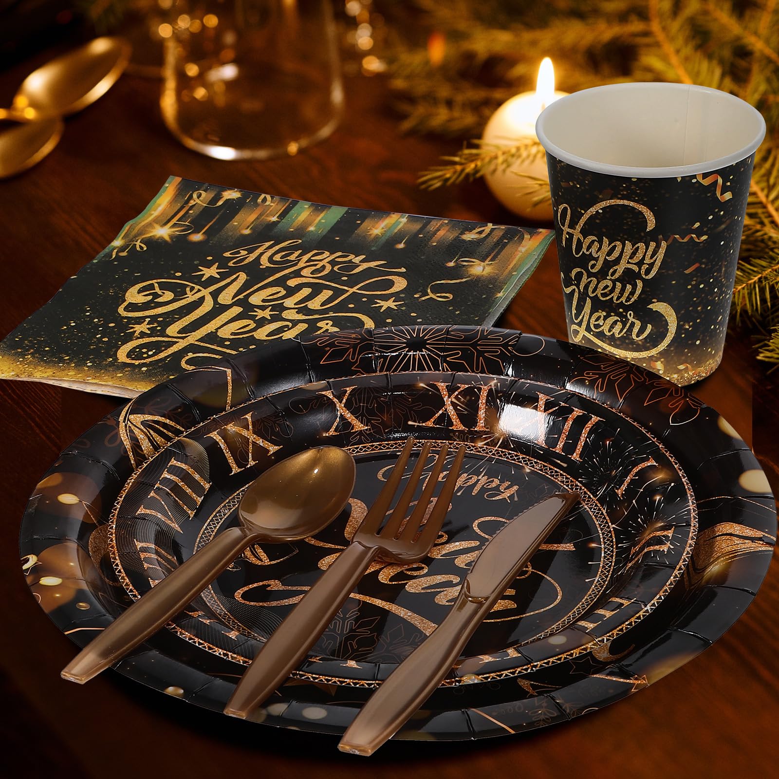 Toyvian New Year's Eve Disposable Party Plates Set - 96-Piece Dinner & Dessert Plates, Napkins, Cups for NYE, Graduation & Holiday Celebrations (Serves 24) - Perfect for Festive Gatherings, Family Reunions & Special Occasions