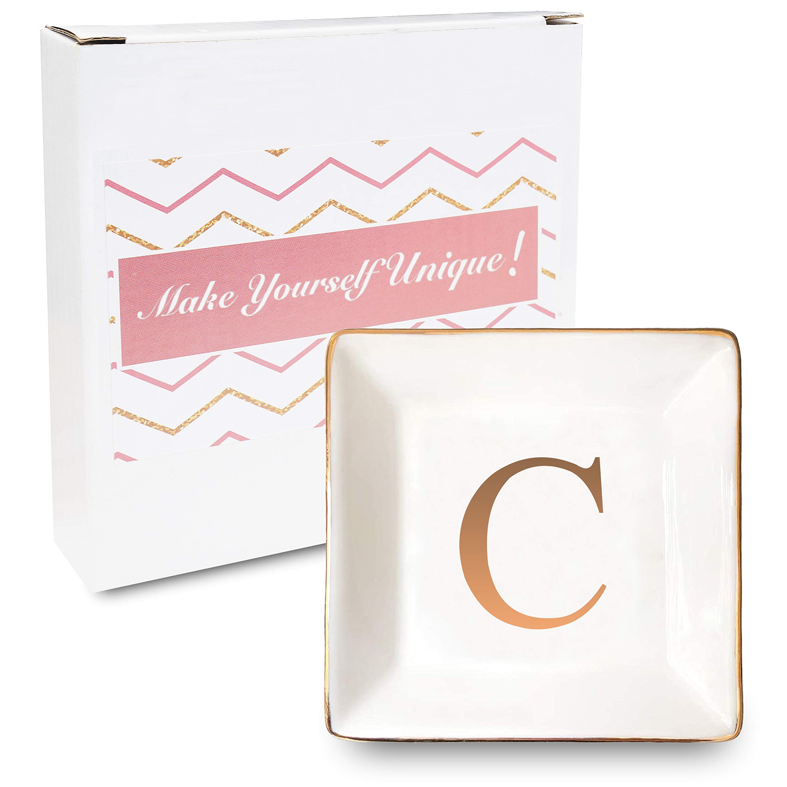 Personalized Ceramic Jewelry Tray with Gold Initials - Engraved Ring Dish, Trinket Bowl & Key Holder - Unique Wedding, Engagement Gift for Brides, Bridesmaids & Anniversary - Perfect for Dresser Decor, Jewelry Organization & Gift Giving