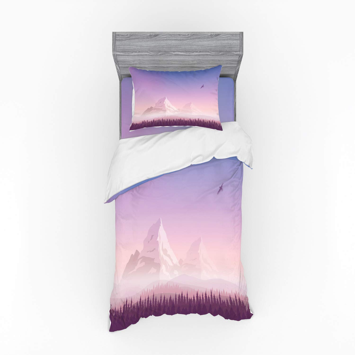 Ambesonne Abstract Snowy Mountains Eagle Sunset Duvet Cover Set - 3 Piece Twin XL Bedding with Sham & Fitted Sheet - Gradient Landscape Design in Lavender Eggplant Rose - Perfect for Nature Lovers' Bedroom Decor