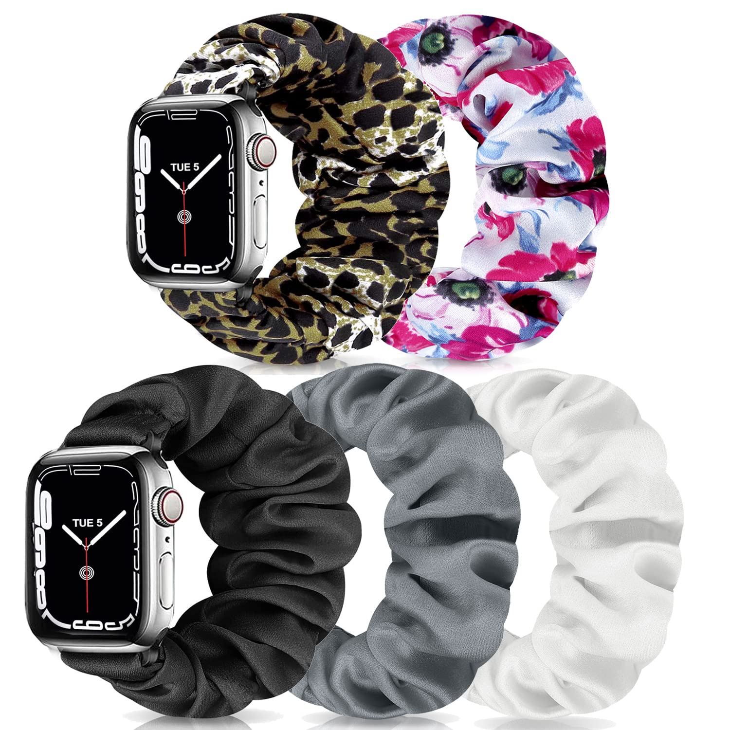 Scrunchie Watch Bands for Women - 5 Pack Soft Stretchy Elastic Replacement Bands Compatible with Apple Watch 38mm 40mm 41mm 42mm 44mm 45mm (Series 7/6/5/4/3/2/1/SE) - Fashionable & Comfortable for Workouts, Yoga, and Everyday Wear