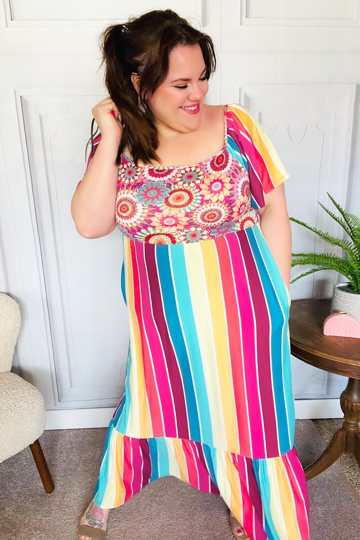 Stylish Fuchsia & Teal Striped Crochet Print Women's Top | Boho Chic Blouse for Summer | Perfect for Beach Vacations & Music Festivals