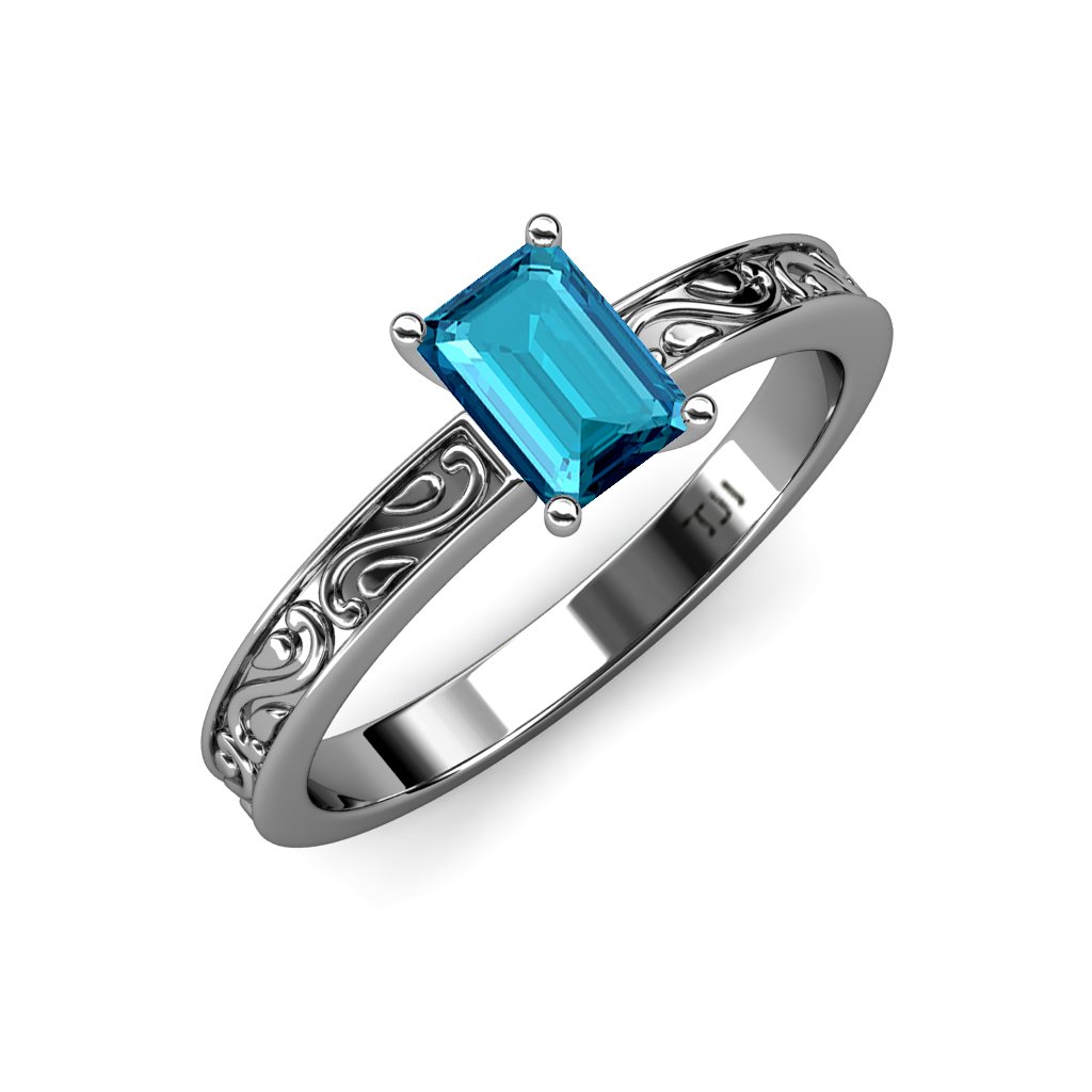 14K White Gold London Blue Topaz Engagement Ring - 7x5mm Oval Cut, 0.90 Carat Solitaire Scroll Design for Women | Perfect for Proposals, Anniversaries & Special Occasions