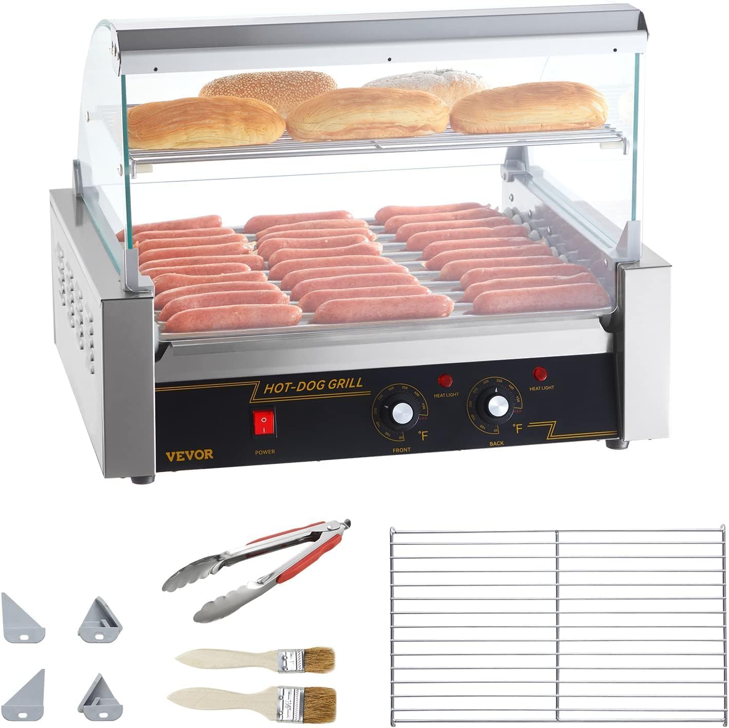 VEVOR Commercial Hot Dog Roller Machine - 30 Hot Dog Capacity, 11 Stainless Steel Rollers, 1800W Electric Sausage Grill with Cover, Dual Temperature Control, LED Light & Removable Drip Tray - Perfect for Restaurants, Food Trucks, Cafeterias, and Home Kitchens