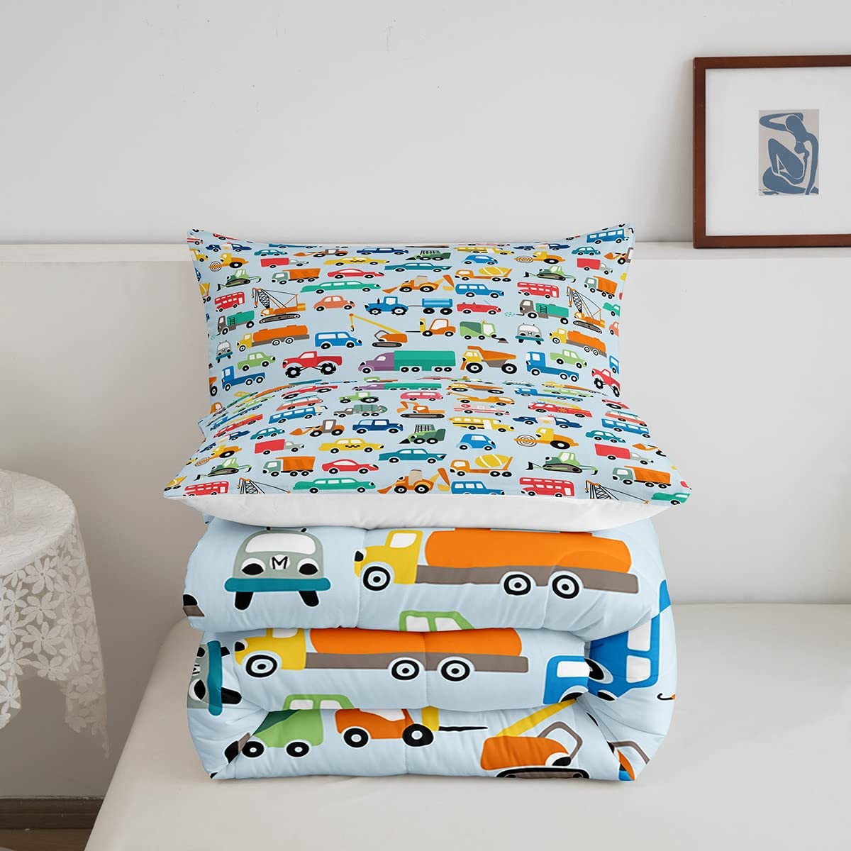 Kids Construction Comforter Set - Cartoon Car, Truck & Tractor Bedding for Boys & Girls | 3-Piece Full Size Set (1 Comforter + 2 Pillowcases) | Perfect for Toddler Rooms, Daycare & Themed Bedrooms