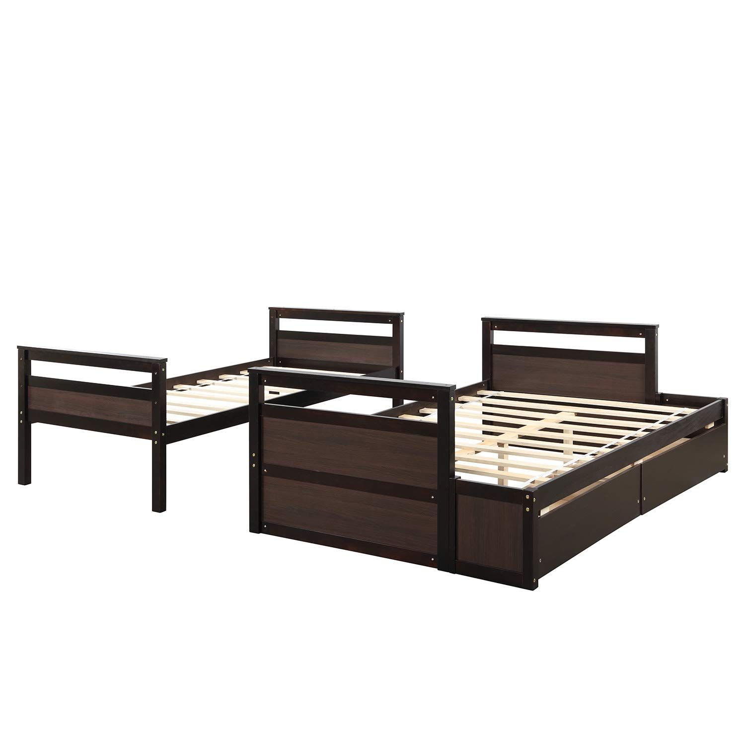 Solid Wood Twin Over Full Bunk Bed with Storage Drawers & Safety Rail - Convertible to 2 Separate Beds, Loft Bed or Platform Bed - No Box Spring Needed (Espresso Finish) - Perfect for Kids' Rooms, Guest Rooms & Small Spaces