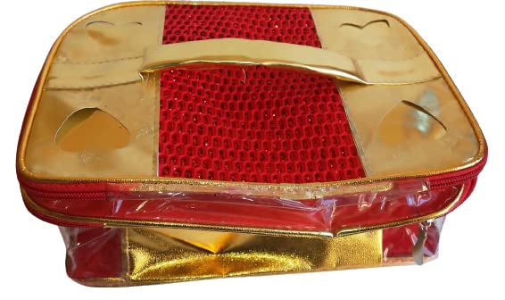 Salvus APP SOLUTIONS Adjustable Makeup Organizer Case - Cosmetic Storage Pouch for Women & Girls, Jewelry Accessories Organizer (Golden & Red, 10x7 Inch) - Perfect for Travel, Home Vanity & Daily Use