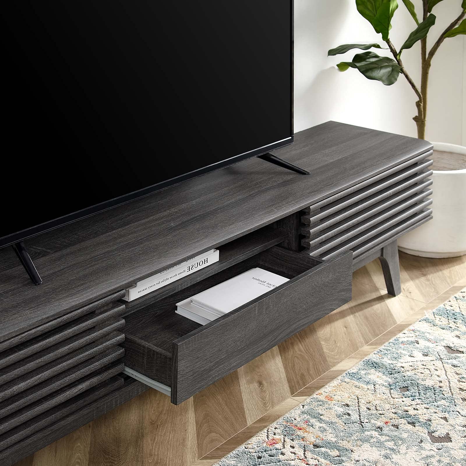 Modern Dark Grey Wood TV Stand Console Table - Stylish Media Entertainment Center for Living Room, Lounge, Hotel & Hospitality Spaces