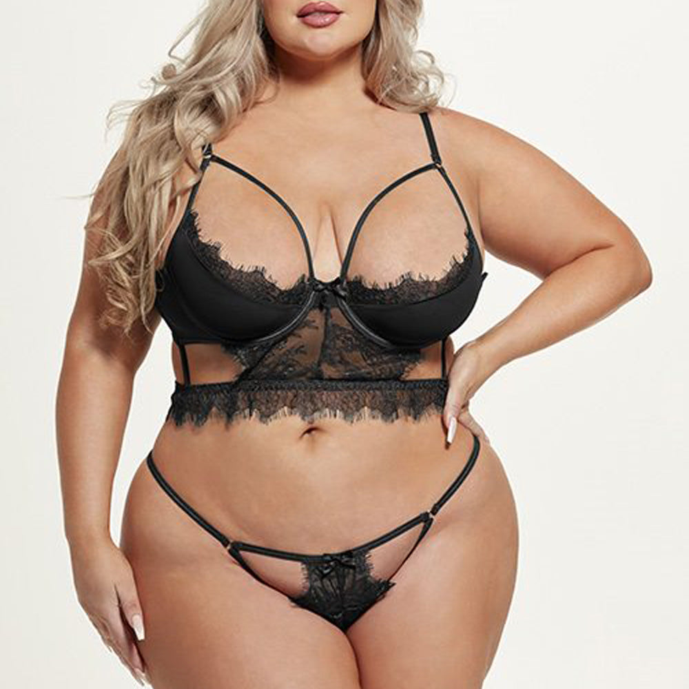 House of Desire Mila Cutout Lace & Mesh Longline Bra & Panty Set - Sexy Lingerie for Women, Plus Size Underwear for Curvy Figures - Perfect for Valentine's Day, Date Night or Bridal Lingerie
