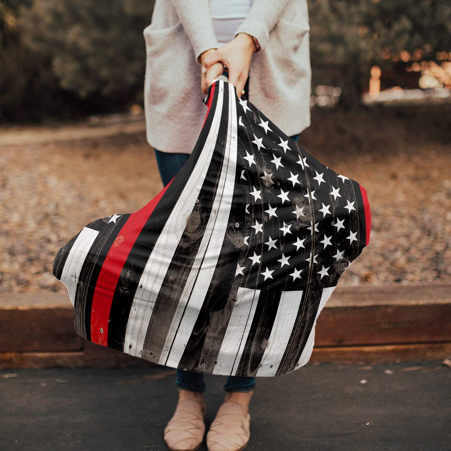 Breastfeeding Nursing Cover - Multi-Use Baby Car Seat Canopy with USA Flag & Thin Red Line Firefighter Design - Stretchy, Breathable Scarf Shawl for Strollers, High Chairs & Shopping Carts - Perfect for Boys & Girls - Ideal for Outdoor Nursing, Shopping & Travel