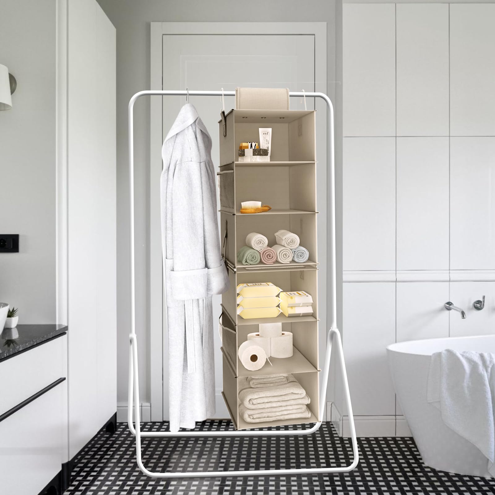 Fixwal 2-Pack 3-Shelf Hanging Closet Organizer | 6-Shelf Separable Storage Shelves | Collapsible Space-Saving Solution for Bedroom, Dorm, Pantry & RV | Beige | Perfect for College, Camping & Small Space Organization