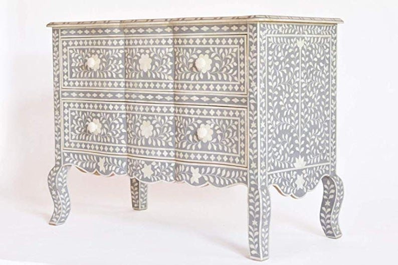 Handmade Bone Inlay Grey Dresser - 2 Drawer French Style Vintage Chest for Bedroom Storage & Home Decor