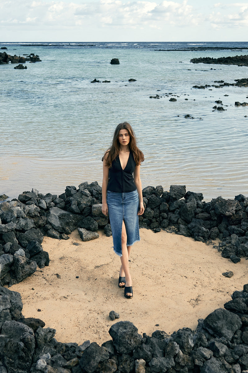 Indigo High Rise Midi Skirt for Women - Stretchy A-Line Denim Skirt with Pockets | Perfect for Casual Outfits, Office Wear & Date Nights