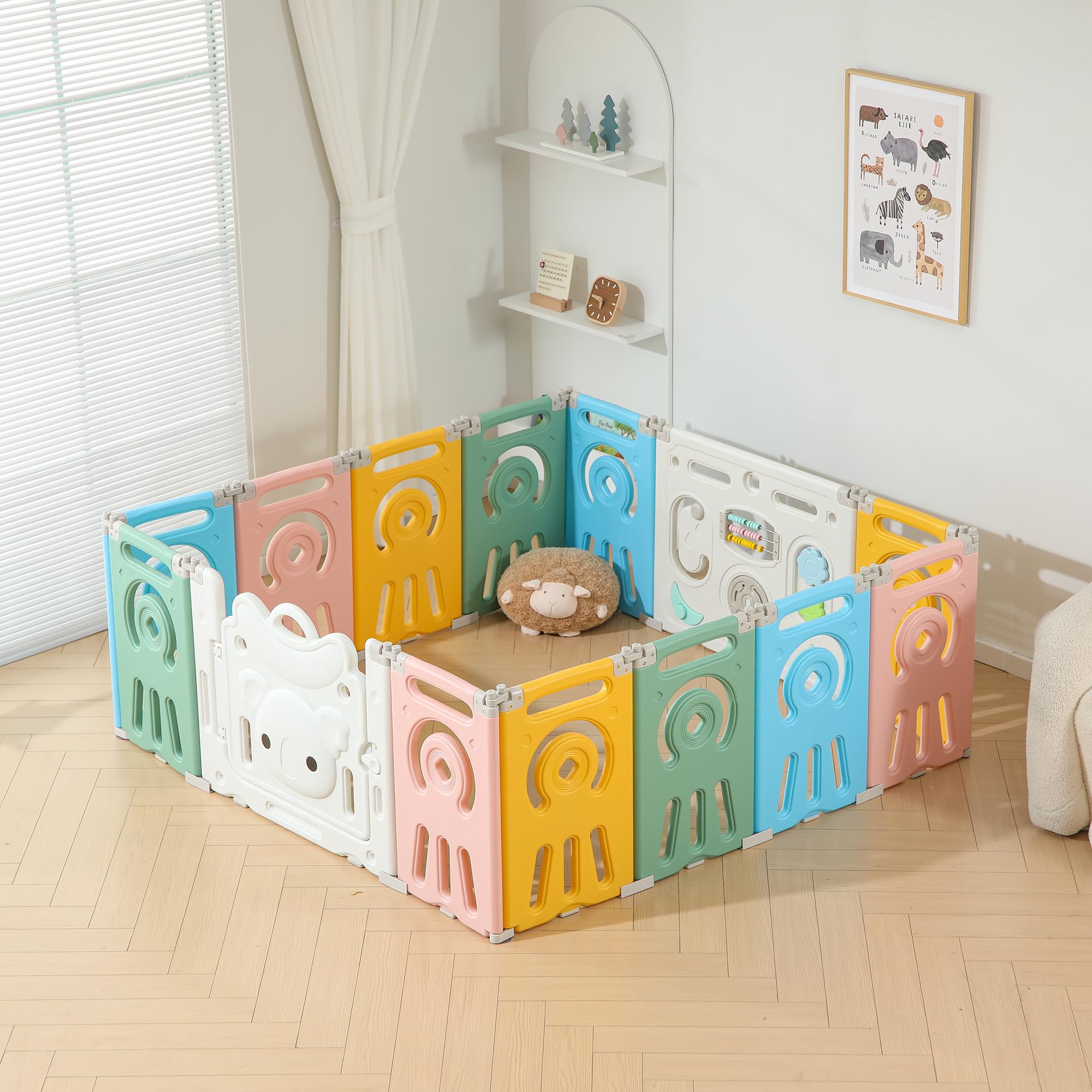 Extra Large 14 Panel Foldable Baby Playpen - Portable Play Yard Fence & Safety Gate for Toddlers - Indoor/Outdoor Use for Home, Park & Travel (Colorful)