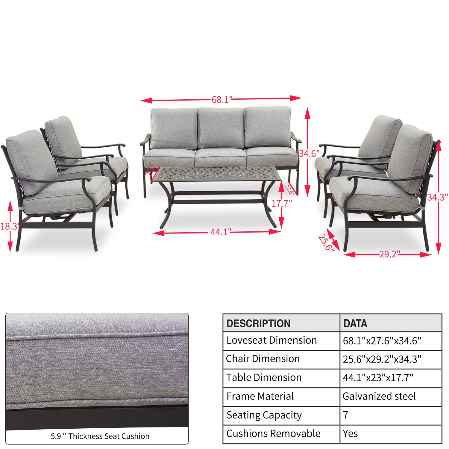 PatioFestival 6-Piece Outdoor Conversation Set with Cushions - All-Weather Galvanized Steel Frame, Grey Metal Patio Furniture for Backyard, Garden & Poolside Relaxation