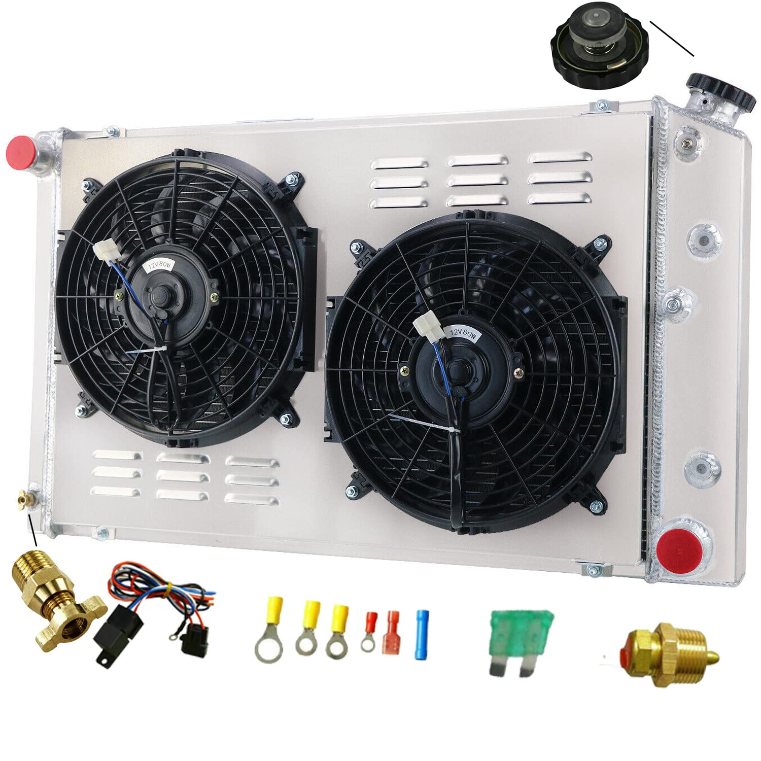 High-Performance 3 Row Aluminum Radiator Shroud with Fan Relay for 1971-1990 Chevy Chevelle, Impala, Caprice, Malibu, C10-C30, K10-K30, Suburban, GMC Jimmy & Buick Lesabre - Perfect for Engine Cooling & Off-Road Adventures