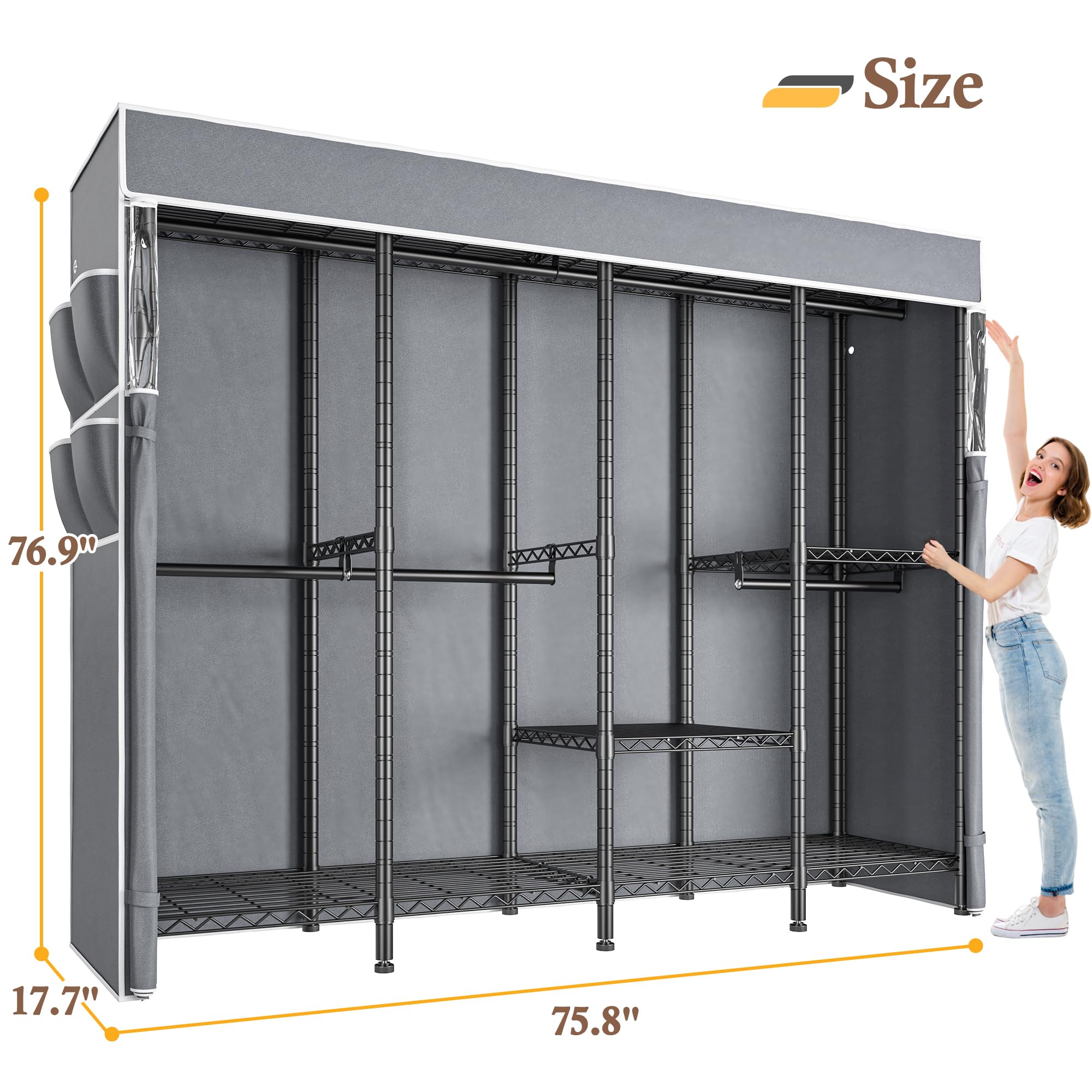Raybee Heavy Duty Metal Clothes Rack with Cover - Adjustable Garment Rack for Hanging Clothes, 1100 LBS Capacity Wardrobe Closet (17.7