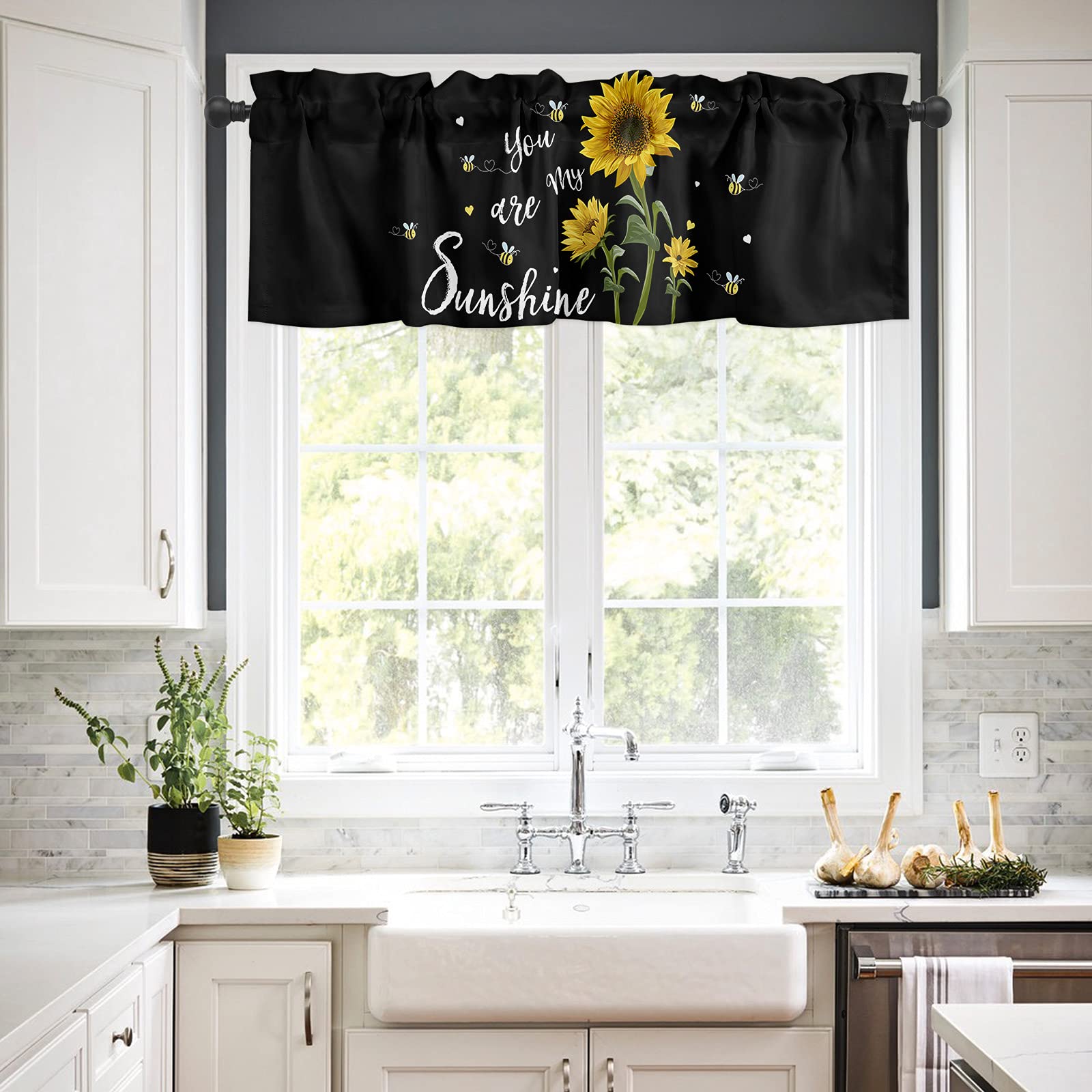 3-Piece Sunflower and Bee Black Kitchen Valance & Tier Curtain Set - Semi-Sheer Rod Pocket Window Treatment for Small Windows (36