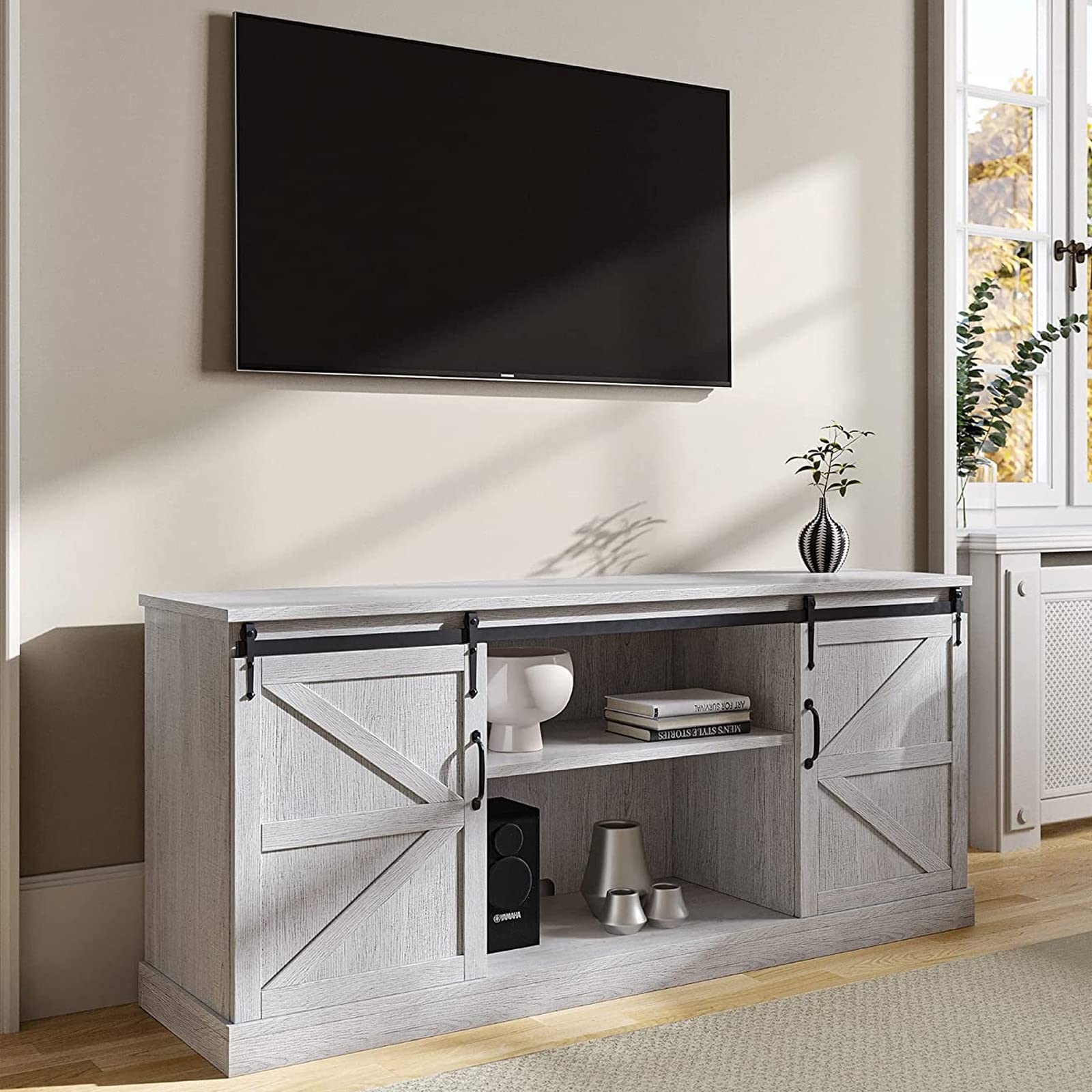 BELLEZE 58 Inch TV Stand for 65 Inch TVs, Modern Entertainment Center with Sliding Barn Doors & Open Shelves - Wood Media Console Table with Storage Cabinets for Living Room (Sargent Oak) | Perfect for Home Theater Setup & Living Room Organization