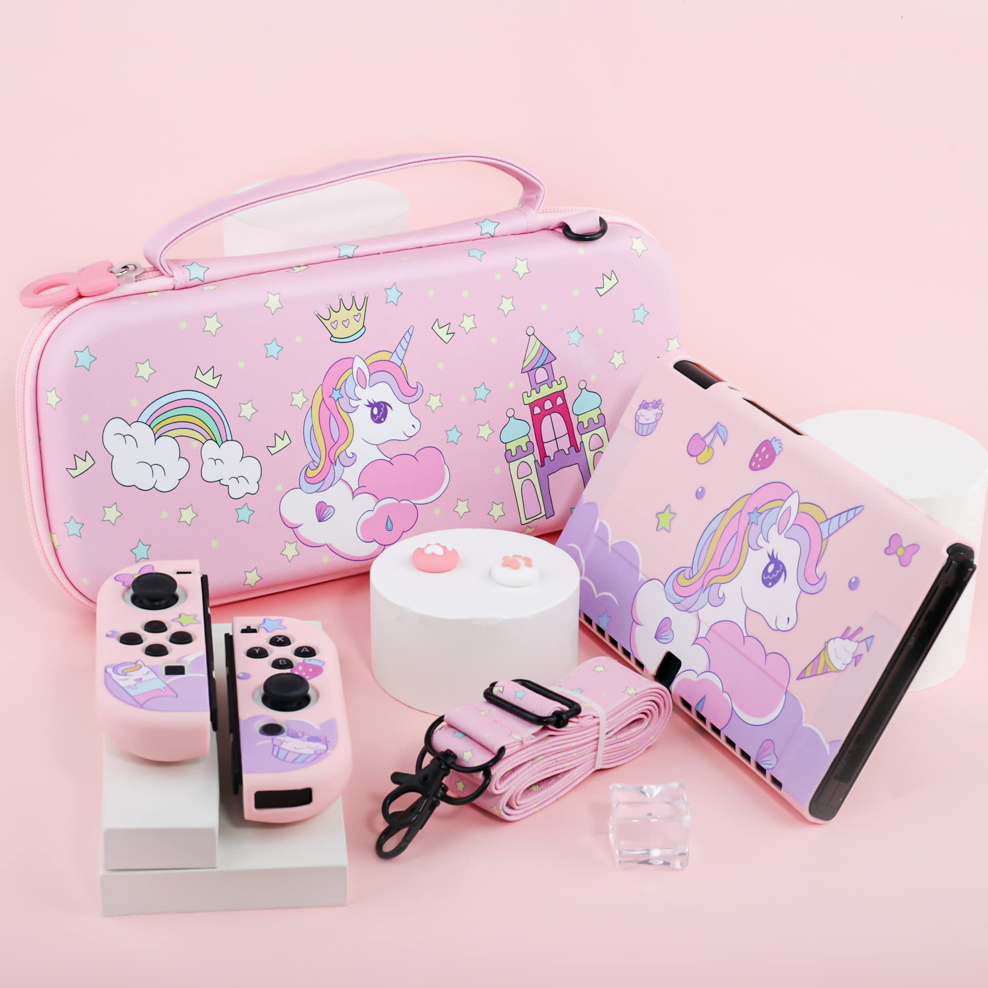 **Pink Unicorn Nintendo Switch OLED Travel Carrying Case - Slim Portable Storage Bag with Soft TPU Cover, Shoulder Strap, Screen Protector & 2 Thumb Caps - Perfect for Gaming On-The-Go & Travel Accessories**