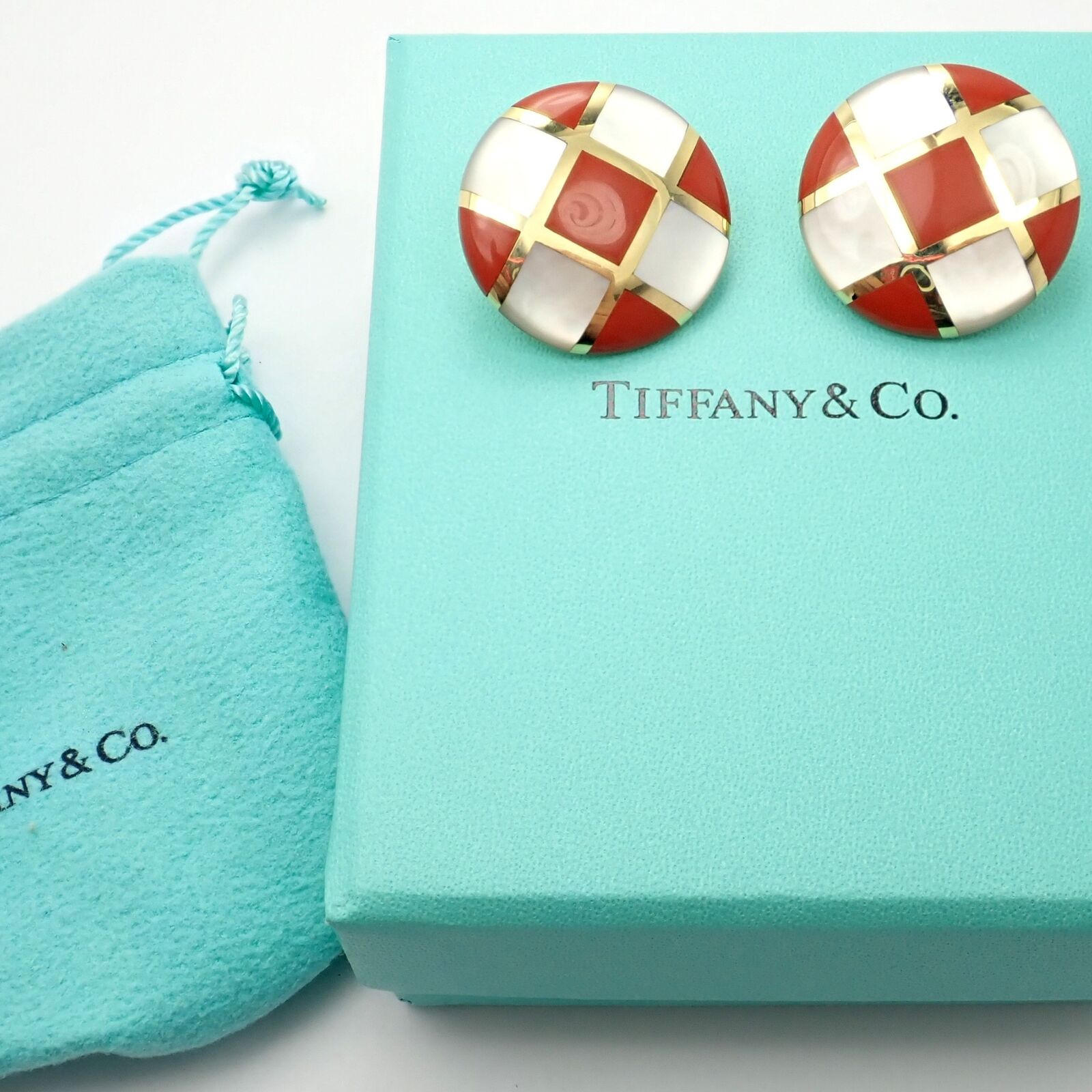 Tiffany & Co Cummings 18k Gold Mother of Pearl Carnelian Checkerboard Earrings - Luxury Jewelry for Women, Perfect for Weddings, Parties & Special Occasions