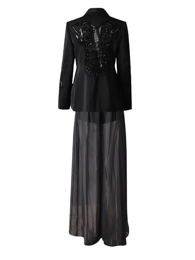 Women's Big Size Sequins Blazer & Mesh Long Pants Two-Piece Suit - Fashionable Lapel Long Sleeve Outfit for Spring/Autumn 2025 (35Z1664) | Perfect for Office Wear, Evening Parties & Special Occasions