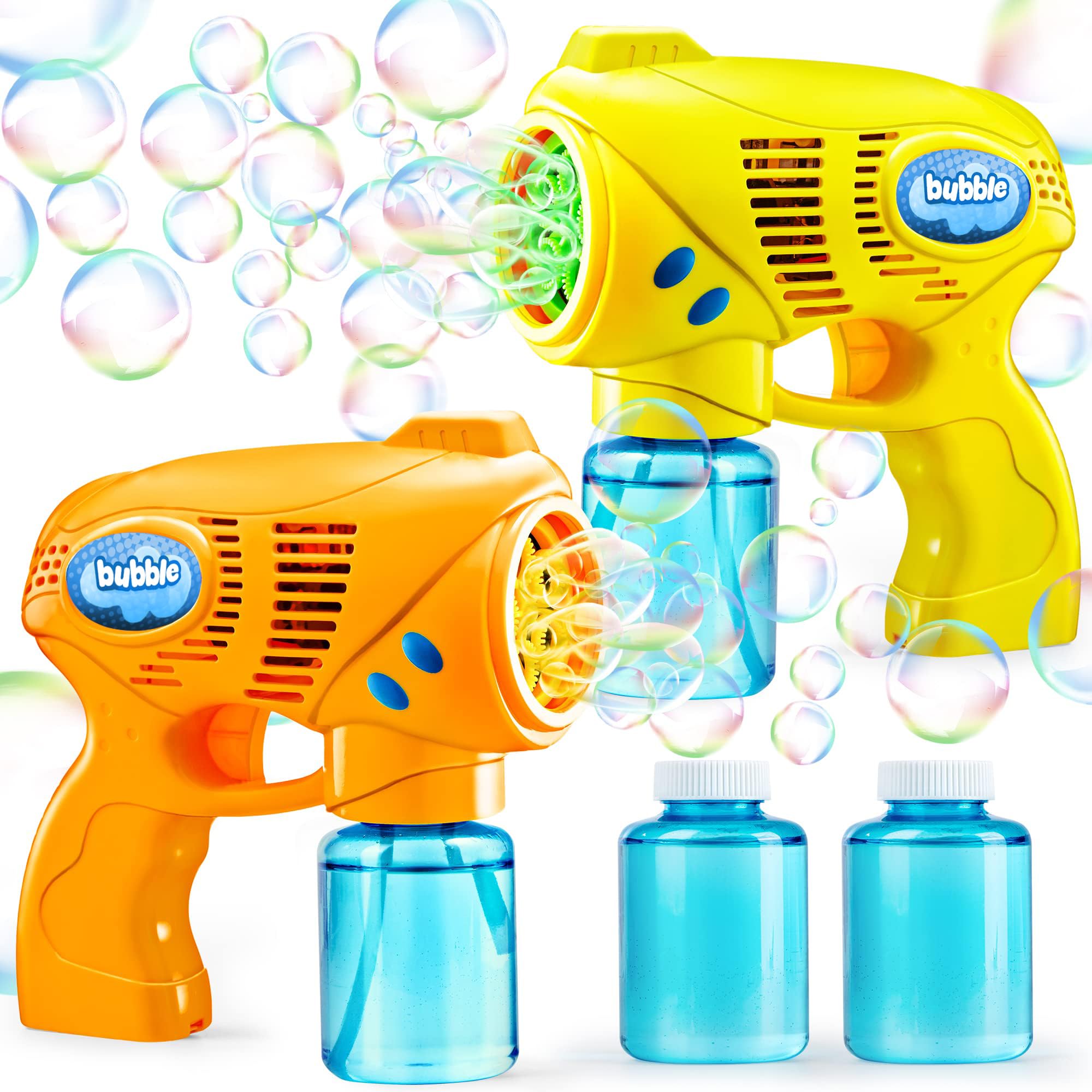 JOYIN 2 Pack Bubble Guns with 2 Bottles Refill Solution (10 oz Total) - Bubble Blower Maker Toy for Kids & Toddlers - Outdoor Play, Birthday Party Favors, Easter Basket Stuffers - Perfect for Backyard Fun, Park Playdates and Summer Activities (Yellow+Orange)