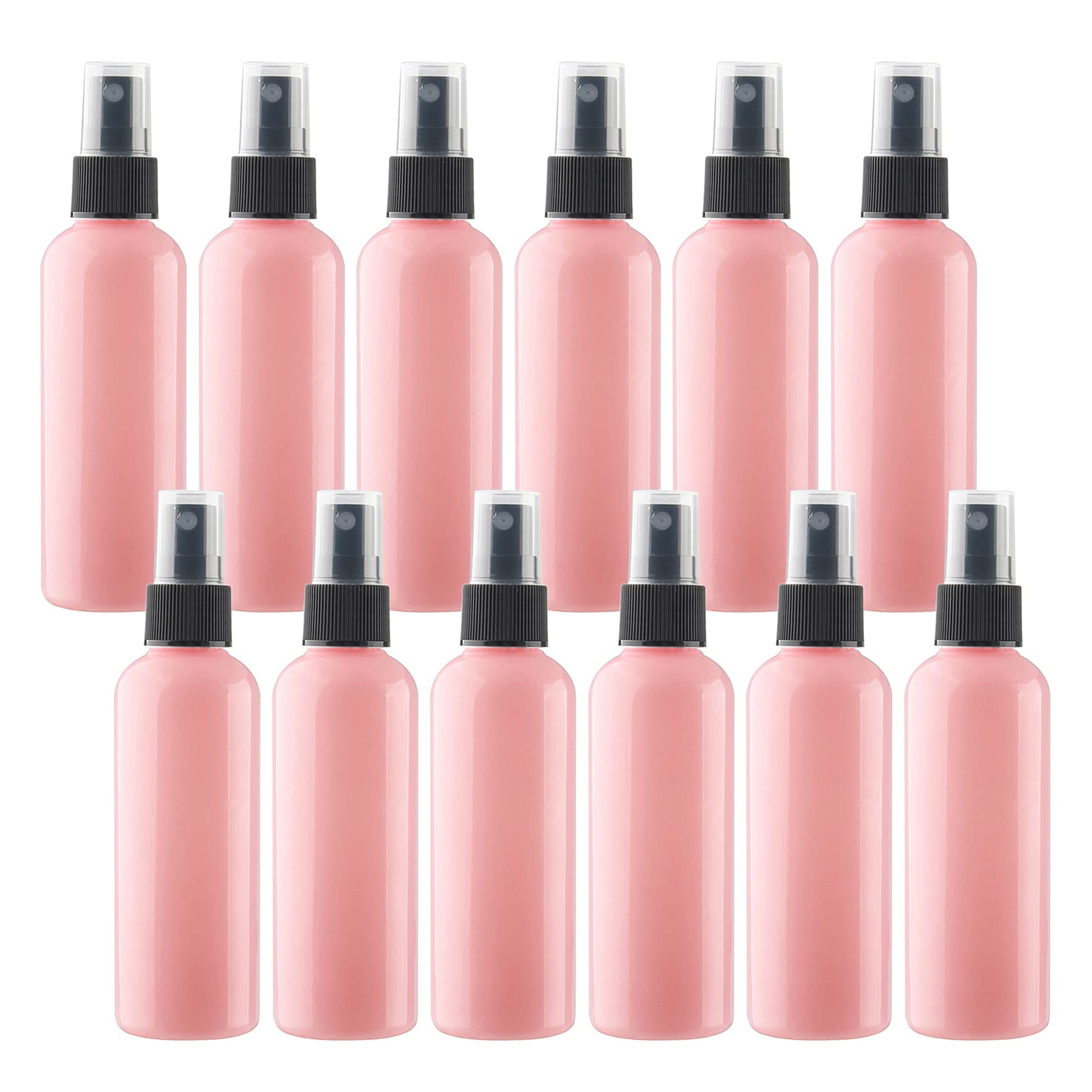 12 Pack 100ml Empty Fine Mist Plastic Spray Bottles - Travel Size Refillable Atomizer with Black Pump Head & 2 Funnels - Perfect for Cosmetics, Essential Oils, Hair Care & DIY Projects (Pink)