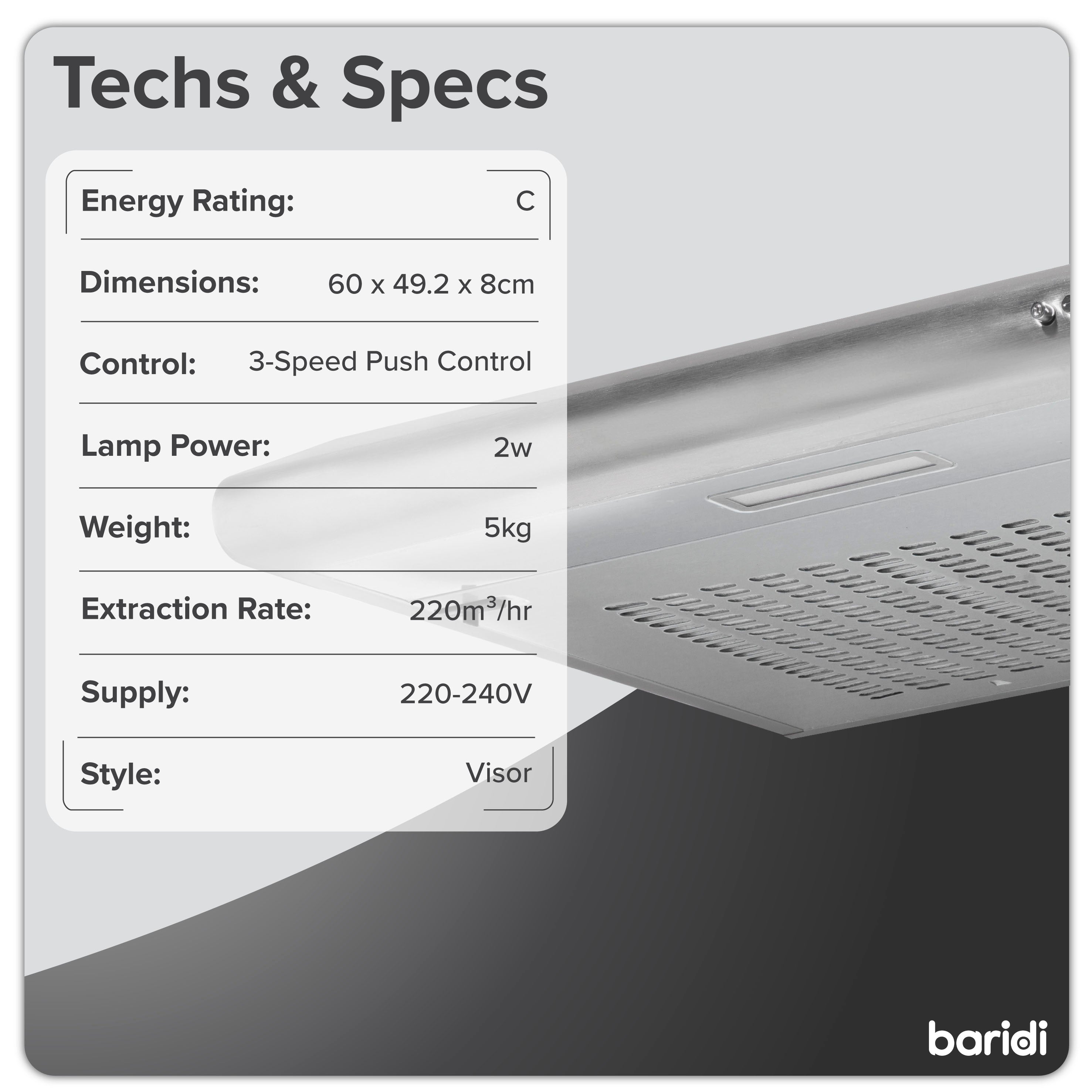 Baridi 60cm Under Cabinet Range Hood - Stainless Steel Kitchen Extractor Fan with Powerful Ventilation - Perfect for Small Kitchens, Apartments & Cooking Spaces (Model DH108)