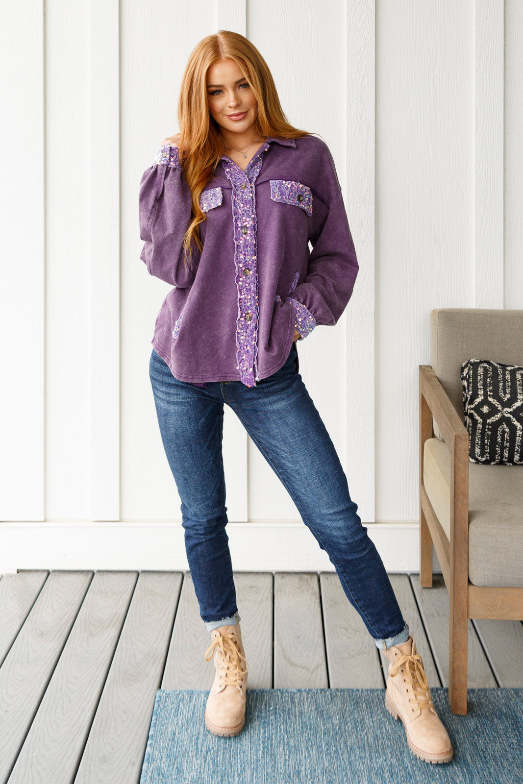 Purple Sequins Shacket for Women - Stylish Sparkly Jacket for Parties, Night Out & Special Occasions