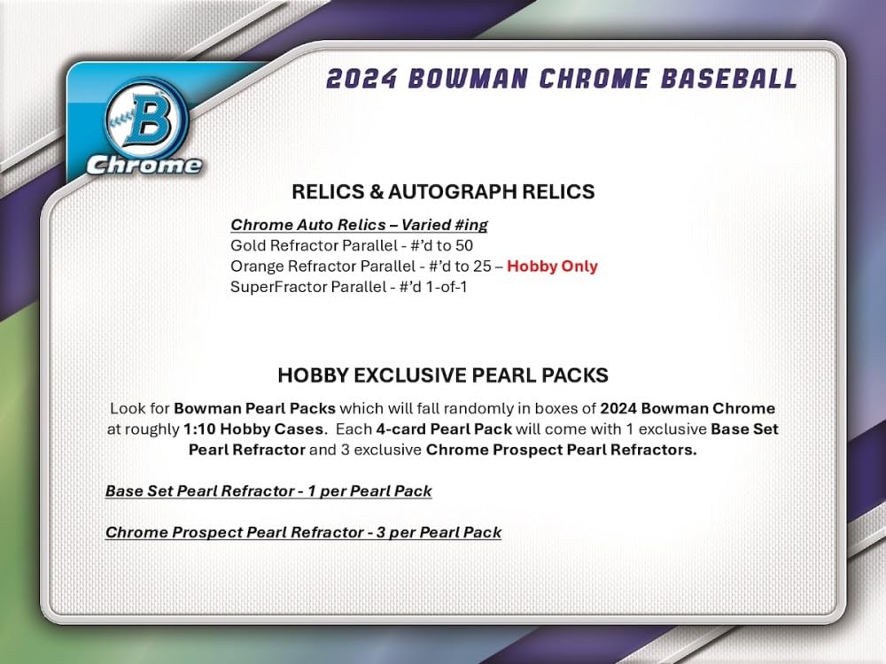 2024 Bowman Chrome Baseball Hobby Box - 12 Packs with Autograph & Rookie Cards - Collectible Trading Cards for MLB Fans & Sports Memorabilia Enthusiasts - Perfect for Gift Giving, Card Shows, and Fantasy Baseball Collections