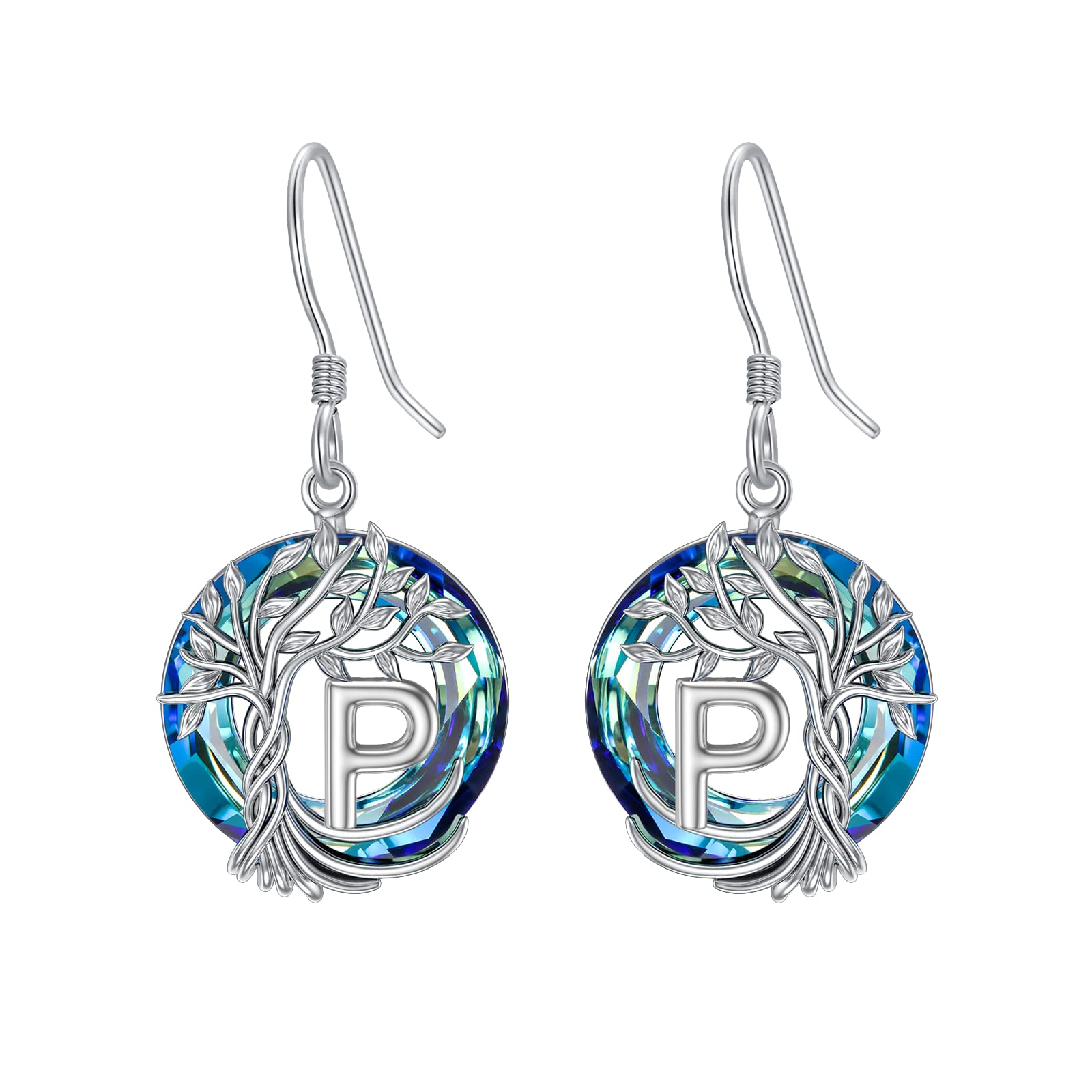 TOUPOP Sterling Silver Tree of Life Initial Earrings with Blue Crystal - A-Z Letter Drop Dangle Earrings for Women, 925 Silver Jewelry Gift for Valentine's Day, Anniversary, Birthday - Perfect for Her, Girlfriend or Mom | Elegant Everyday Wear & Special Occasion Gift